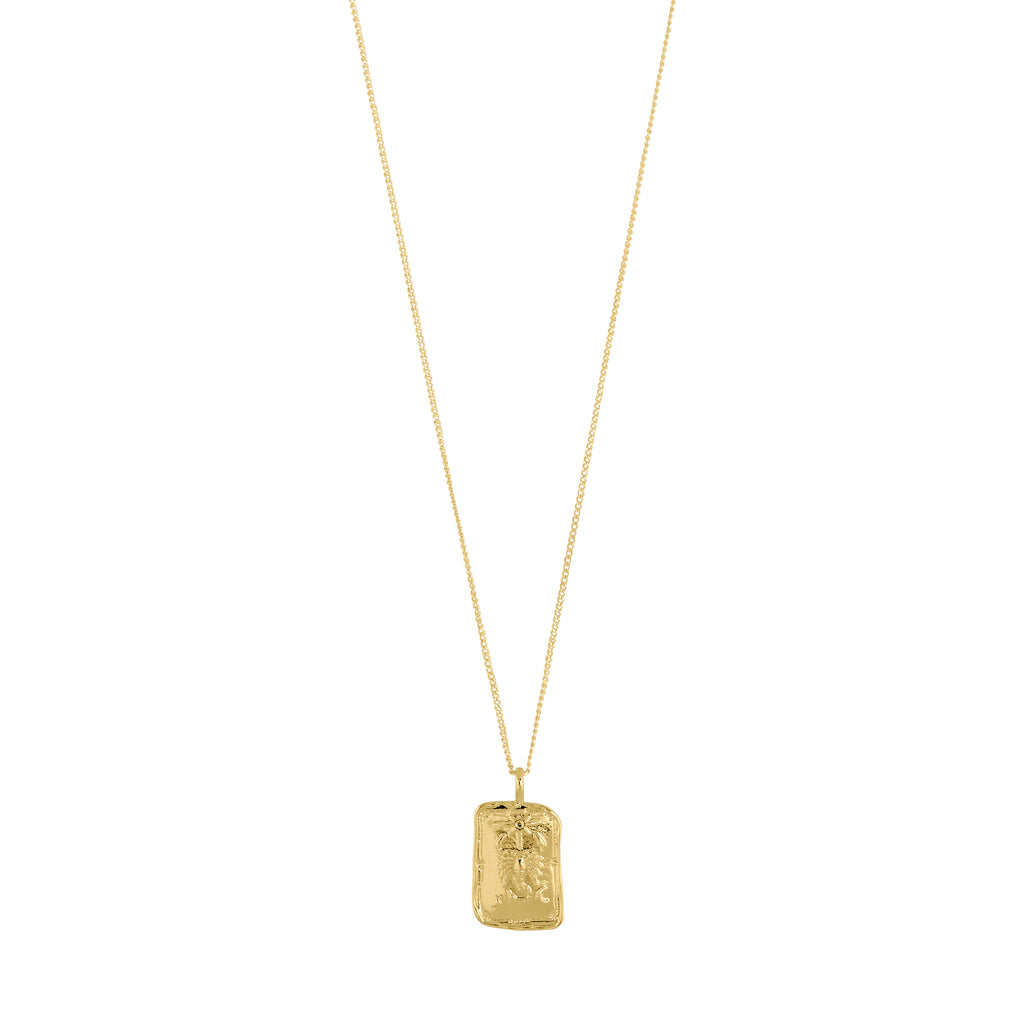 SCORPIO Zodiac Sign necklace, gold-plated, with a rectangular pendant featuring a Scorpio motif and sparkling constellations, on a chain with extension.