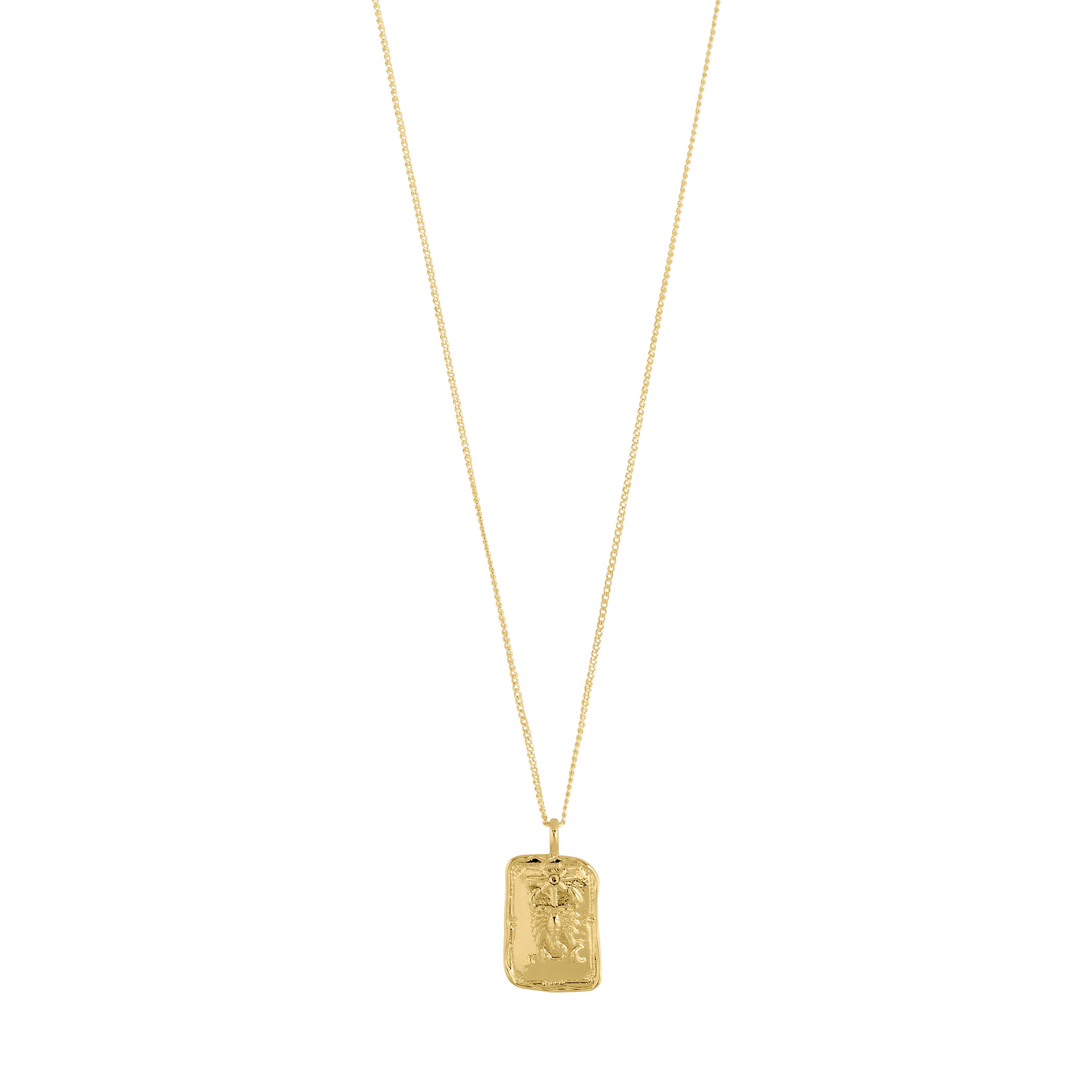 SCORPIO Zodiac Sign necklace, gold-plated, with a rectangular pendant featuring a Scorpio motif and sparkling constellations, on a chain with extension.