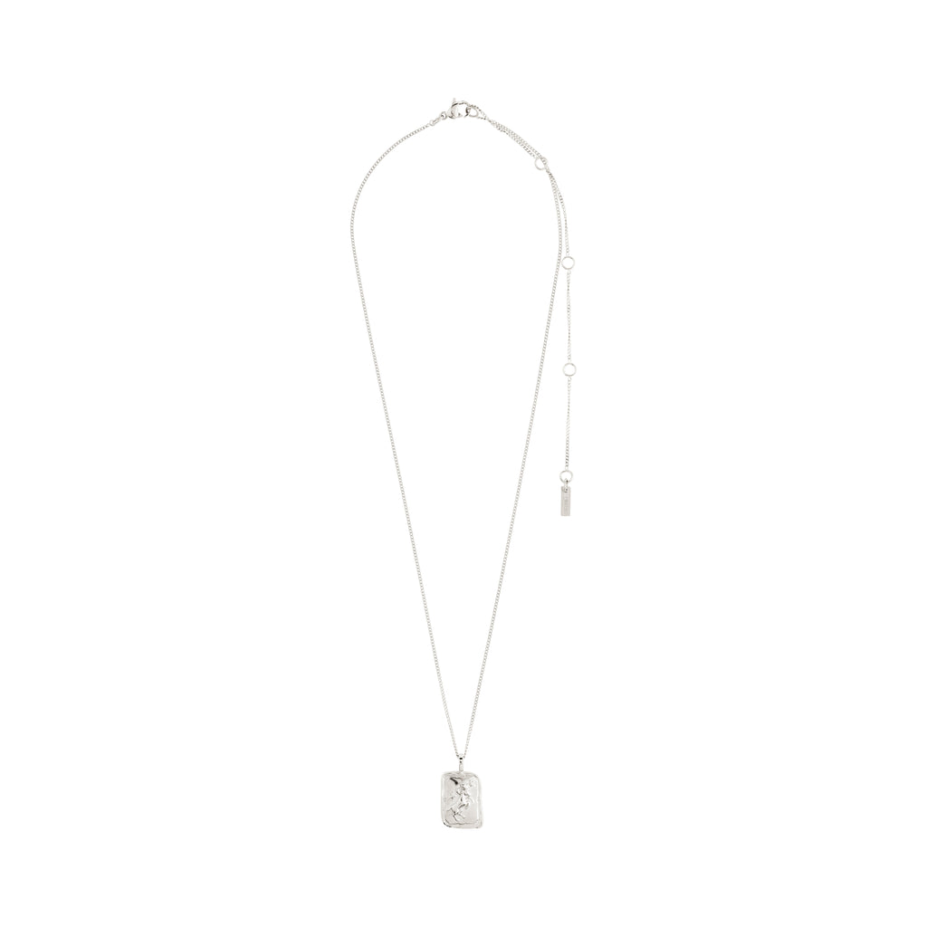 ARIES Zodiac Sign necklace by Pilgrim, featuring a silver-plated chain with a unique square coin pendant showcasing an Aries motif and sparkling constellation design.