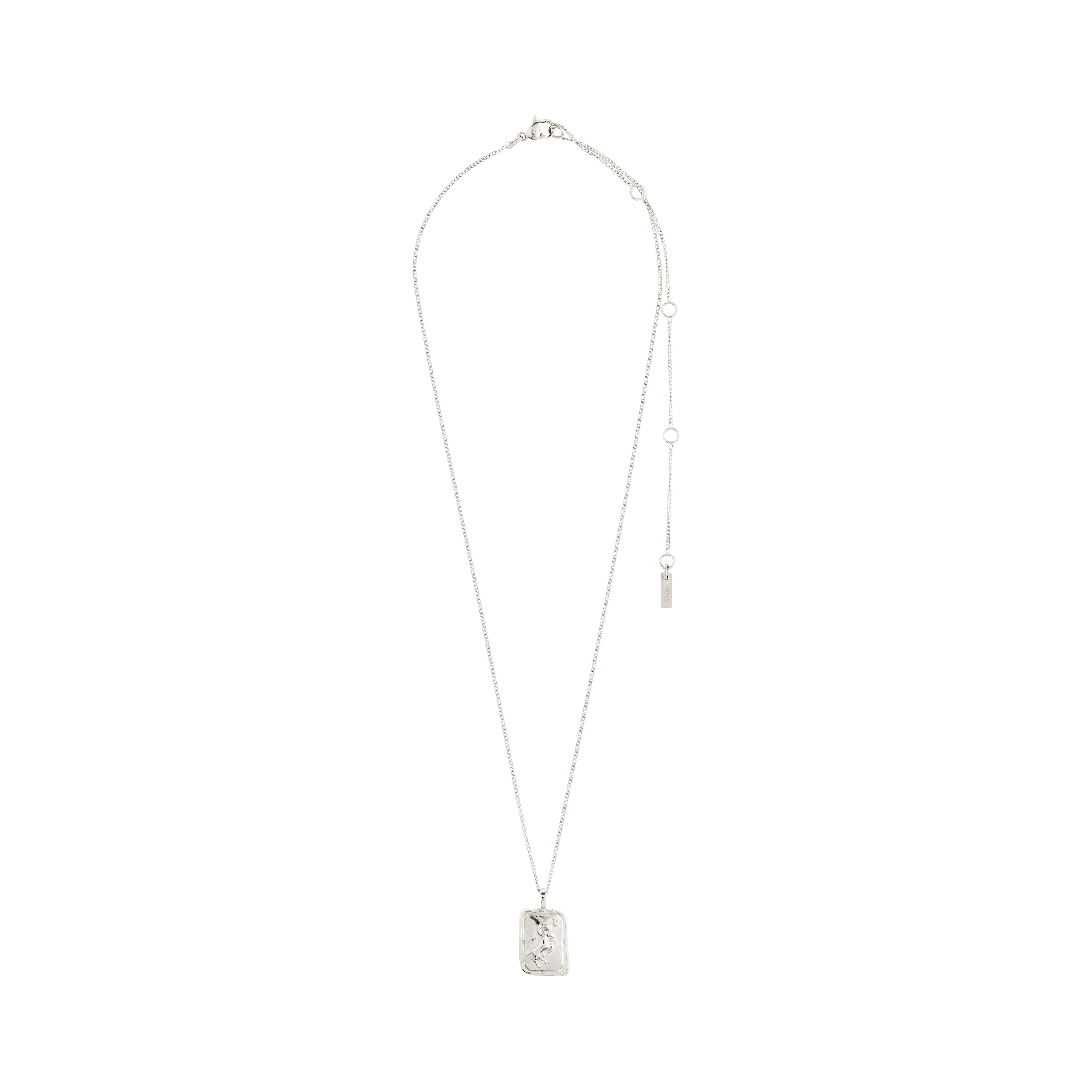ARIES Zodiac Sign necklace by Pilgrim, featuring a silver-plated chain with a unique square coin pendant showcasing an Aries motif and sparkling constellation design.