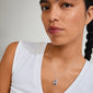 SCORPIO Zodiac Sign necklace, silver-plated, featuring a square coin pendant with Scorpio motif and sparkling constellation design, worn by a woman.
