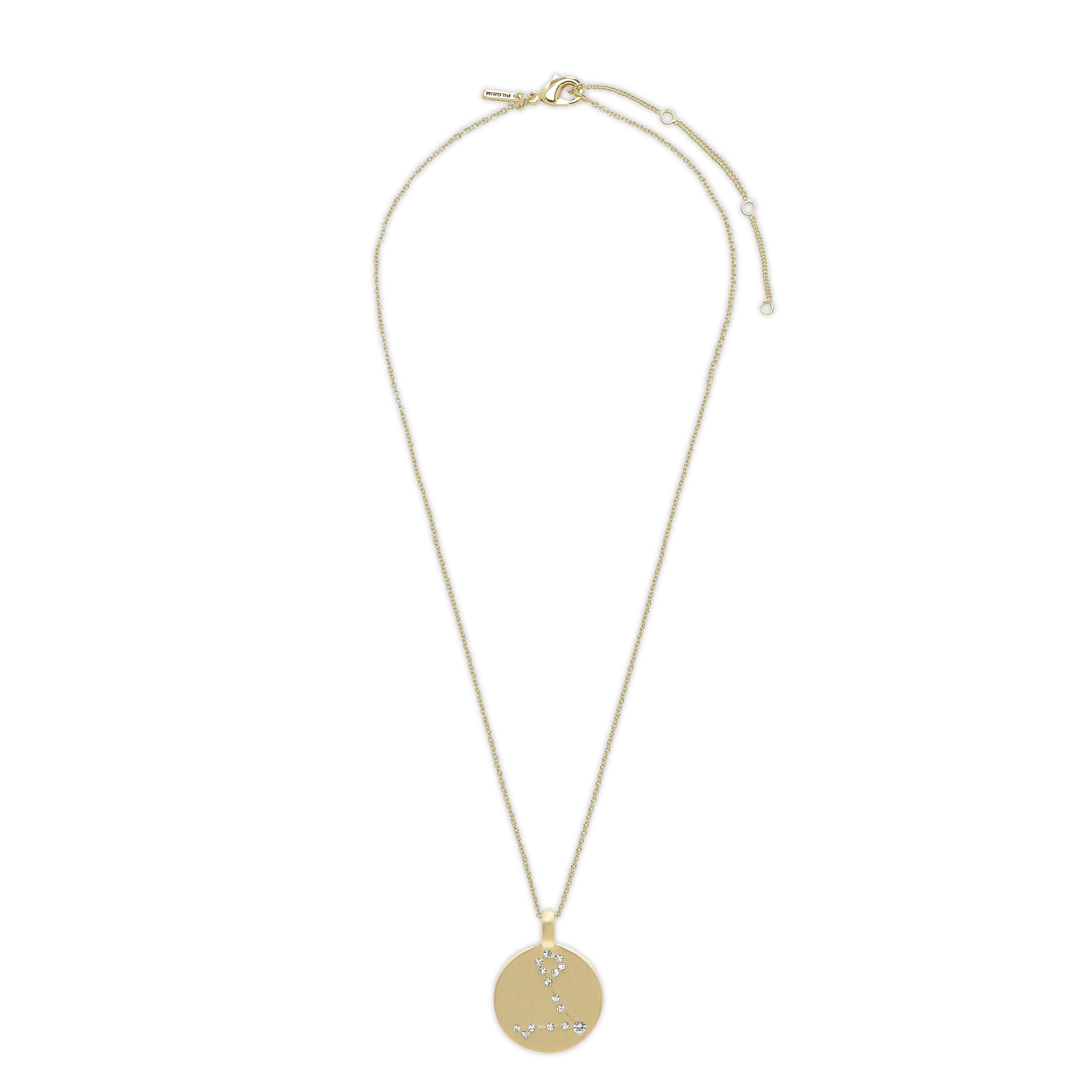 PISCES Zodiac Sign Coin Necklace, gold-plated, features a round pendant adorned with crystal stones shaped like the Pisces constellation. Perfect for personal style expression.