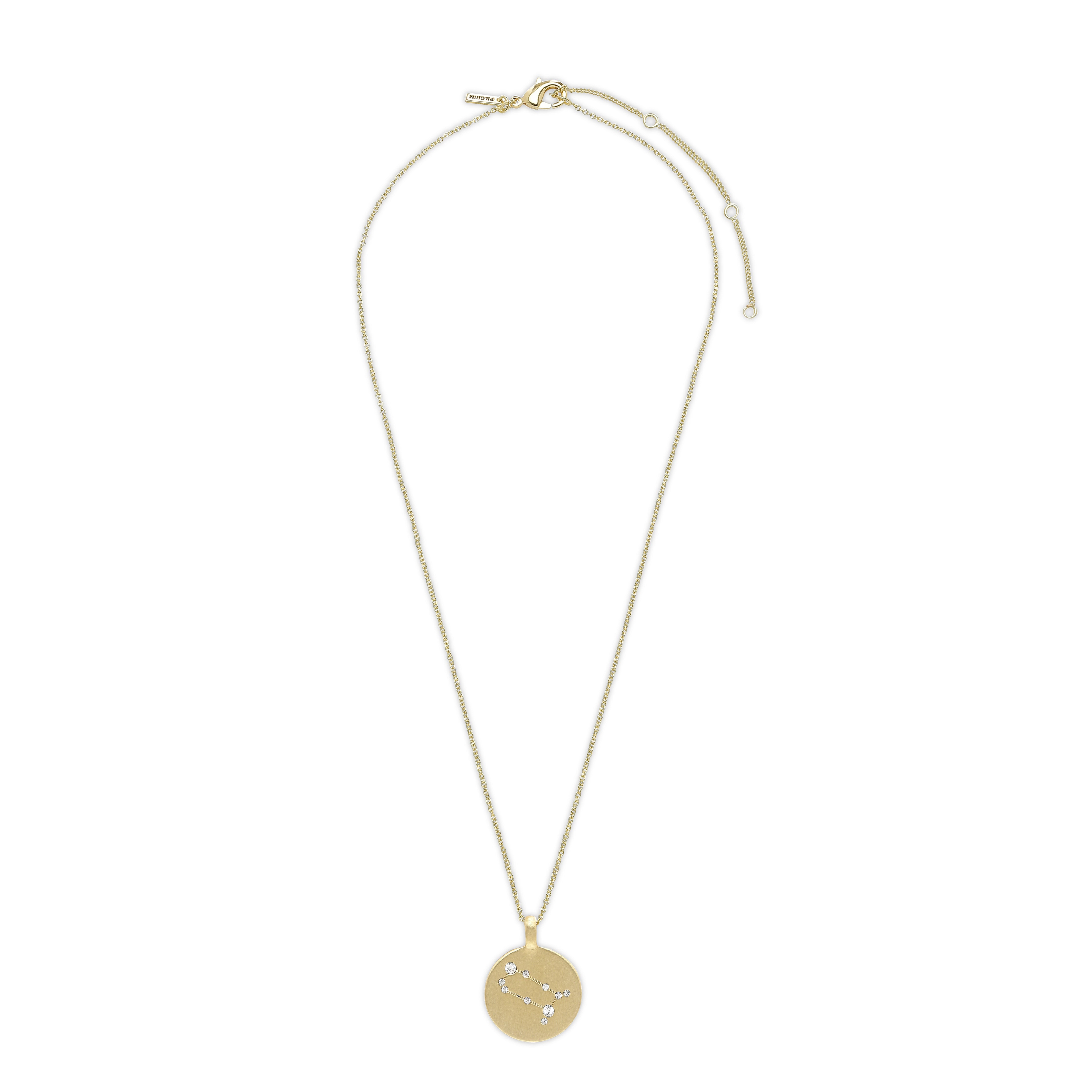 GEMINI Zodiac Sign Coin Necklace, gold-plated with a round pendant featuring crystal stones in the Gemini star shape, set on a delicate chain.