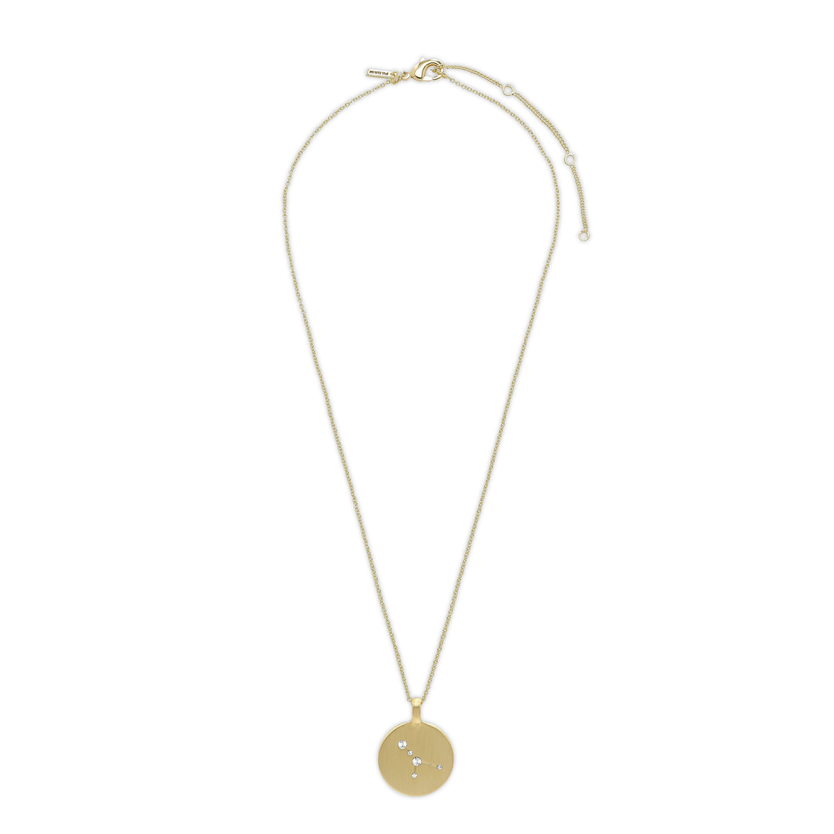 CANCER Zodiac Sign Coin Necklace, gold-plated, featuring a round pendant with crystal stones forming the Cancer star sign, ideal for personalized style seekers.