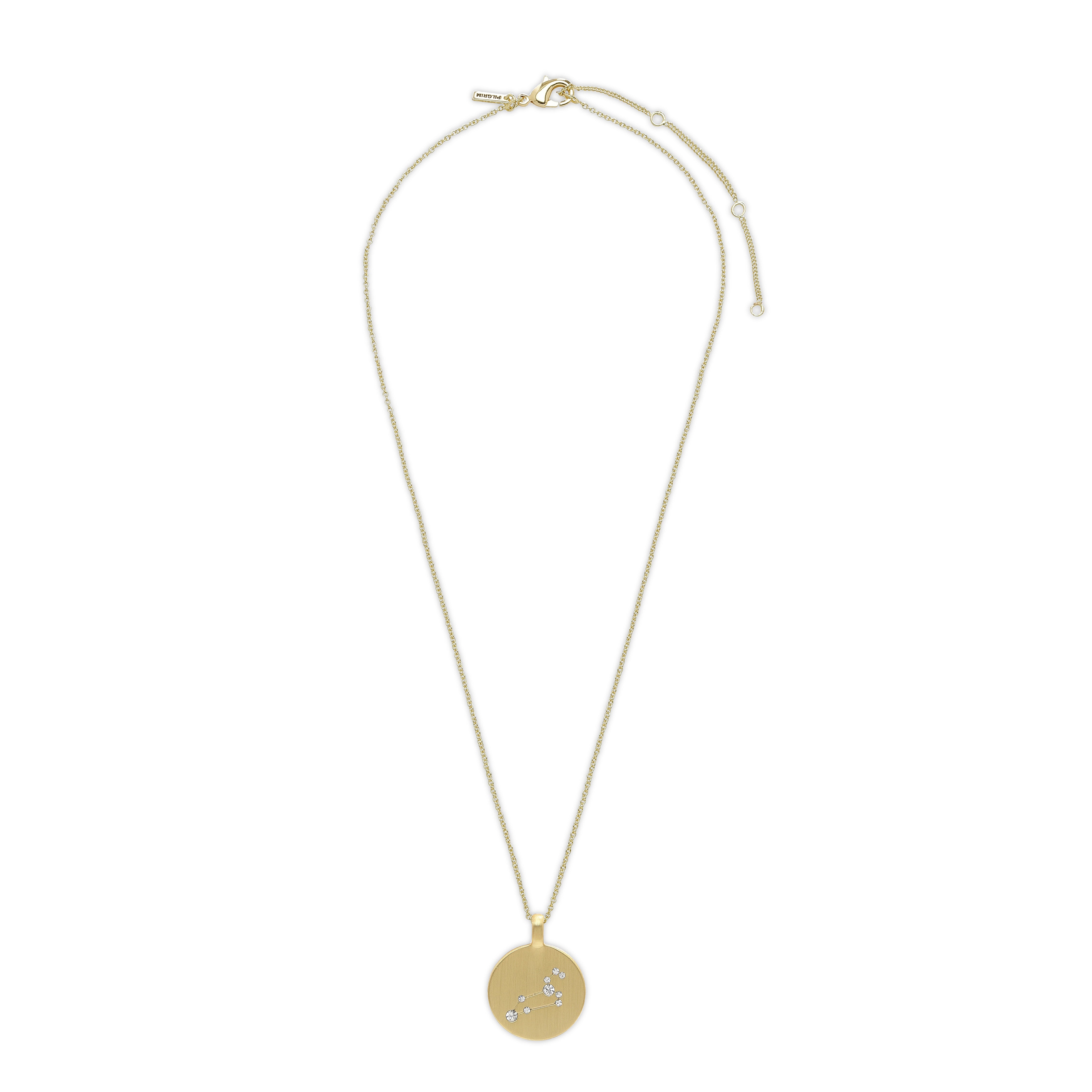 LEO Zodiac Sign Coin Necklace, gold-plated, featuring a round pendant with crystal stones forming the Leo star sign, designed for trendsetters seeking timeless style.
