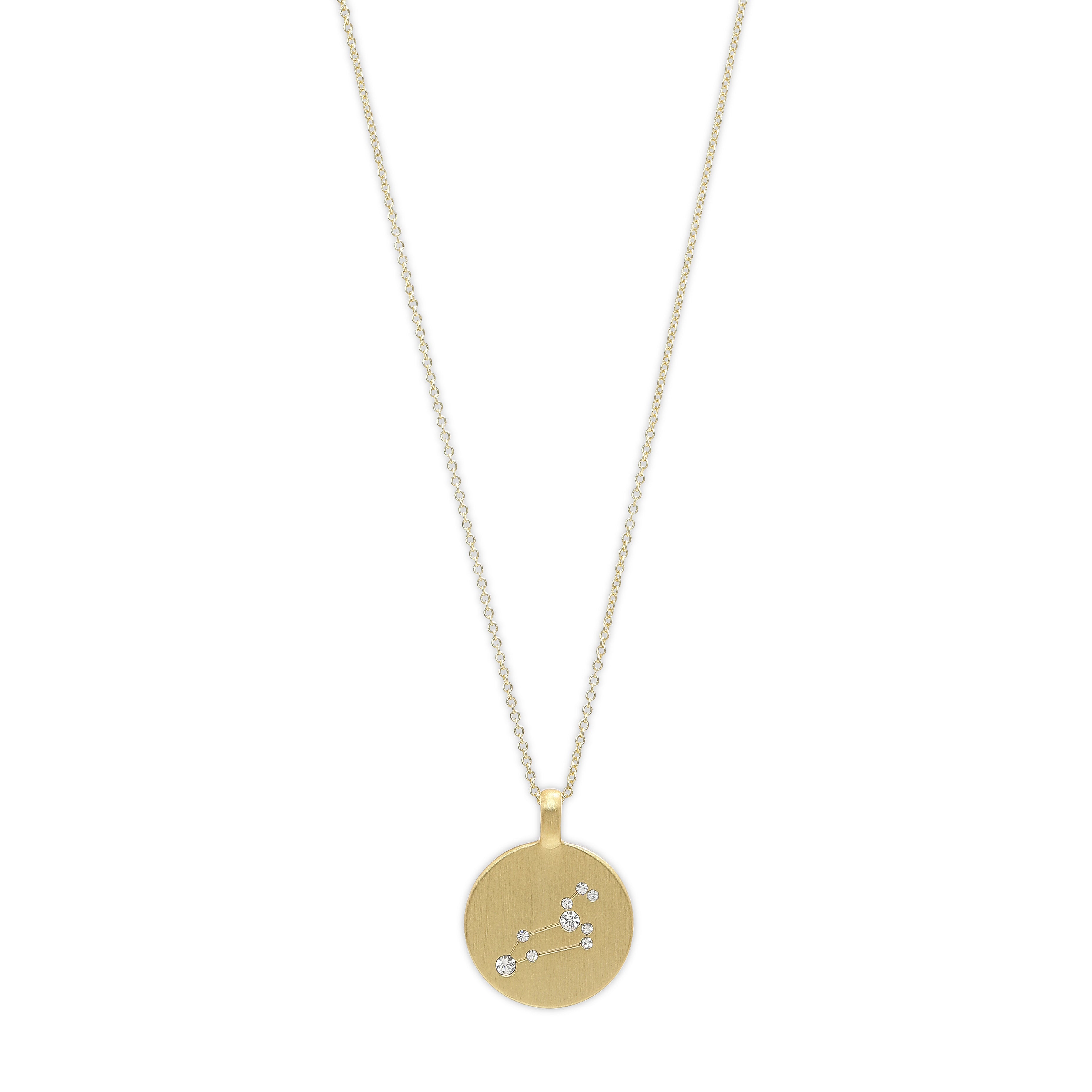 LEO Zodiac Sign Coin Necklace, gold-plated, featuring a round pendant with crystal stones forming the Leo star sign, on a delicate matte-finish chain.
