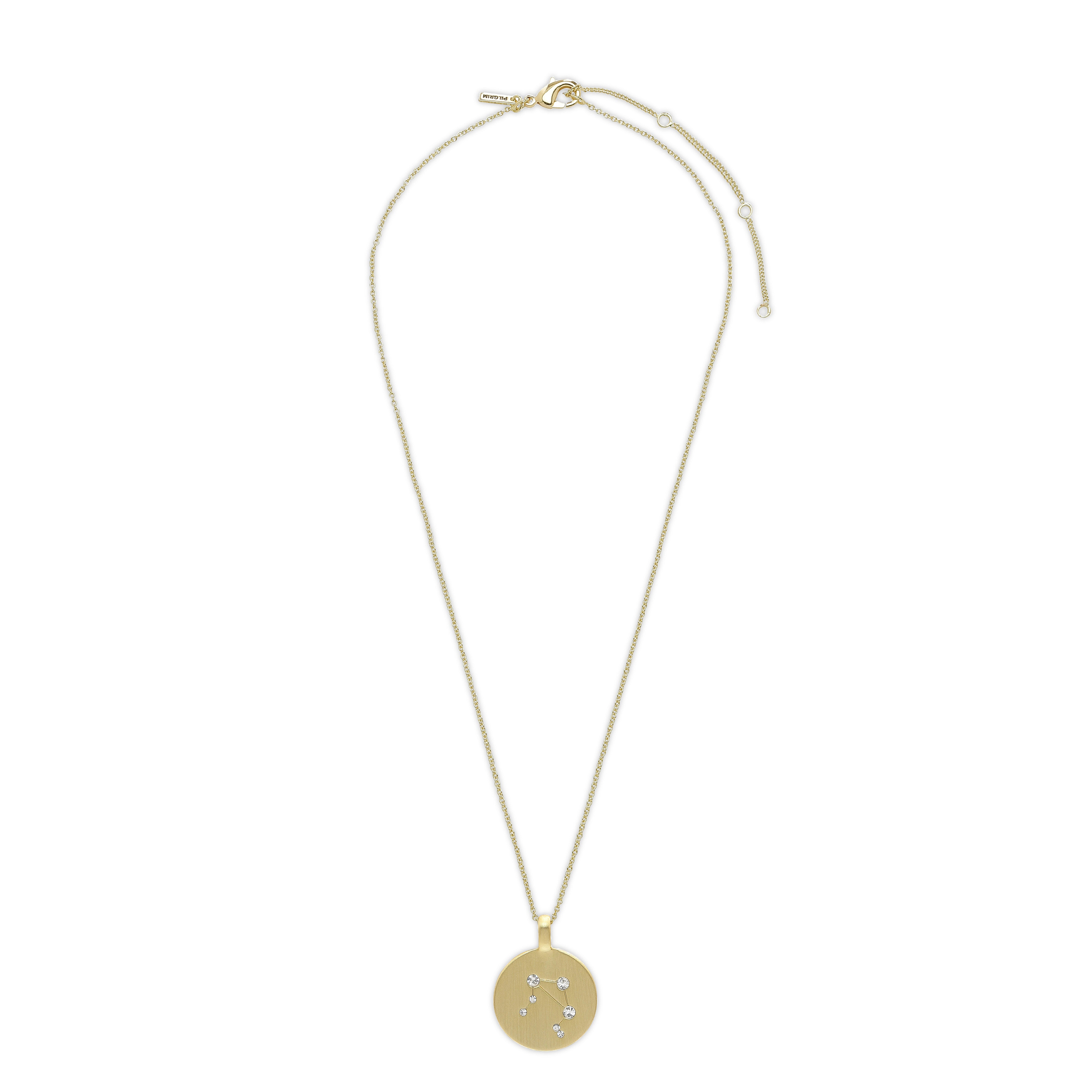 LIBRA Zodiac Sign Coin Necklace, gold-plated, featuring a round pendant with crystal stones forming the Libra star sign, on a delicate chain.