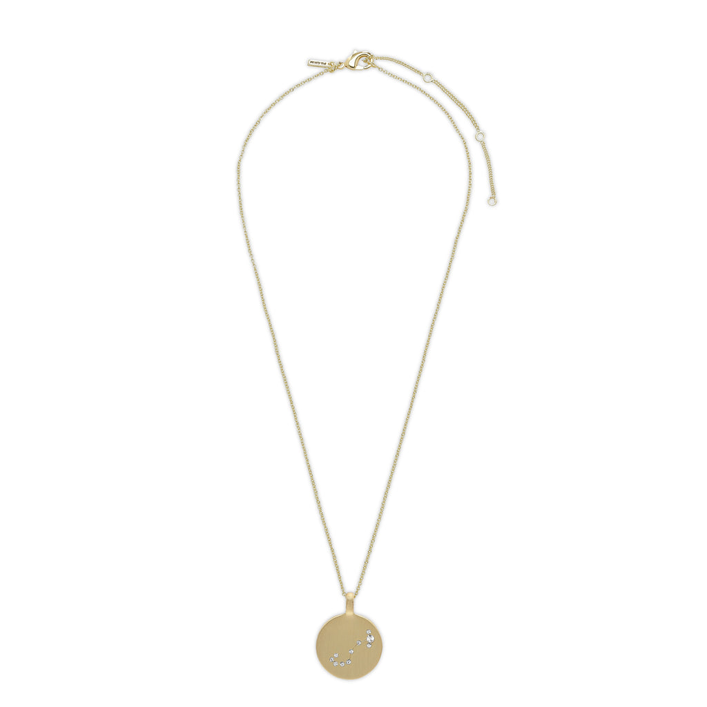 SCORPIO Zodiac Sign Coin Necklace, gold-plated, featuring a round pendant with crystal stones depicting the Scorpio constellation. Perfect for trendsetters seeking a personalized touch.