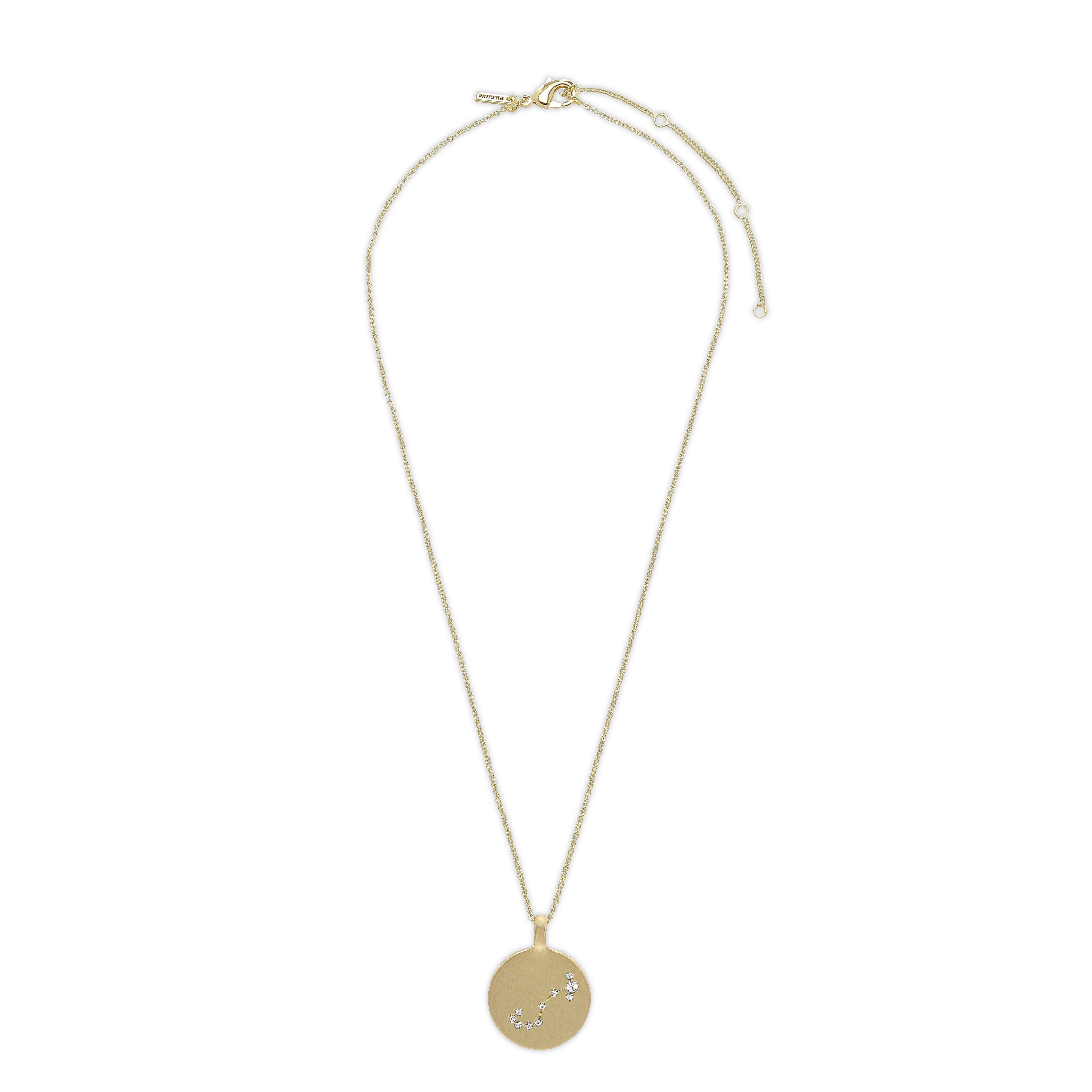 SCORPIO Zodiac Sign Coin Necklace, gold-plated, featuring a round pendant with crystal stones depicting the Scorpio constellation. Perfect for trendsetters seeking a personalized touch.