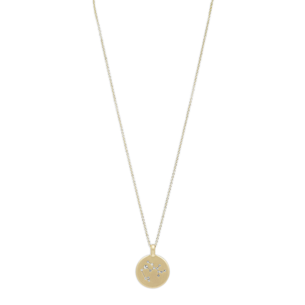 SAGITTARIUS Zodiac Sign Coin Necklace, gold-plated with a round pendant featuring crystal stones depicting the Sagittarius star sign, on a delicate gold chain.