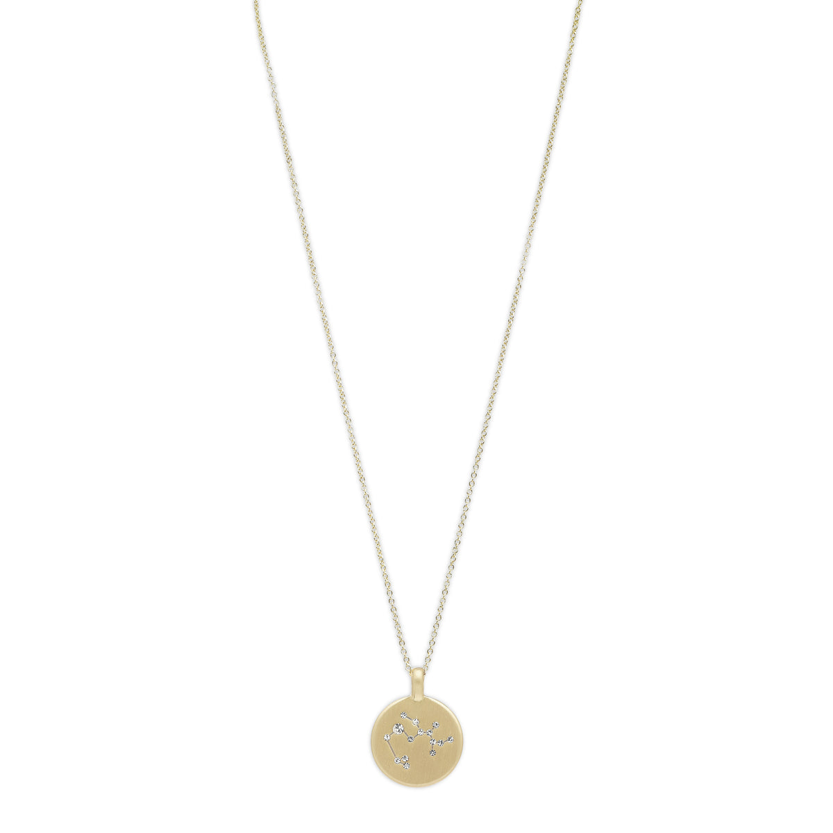 SAGITTARIUS Zodiac Sign Coin Necklace, gold-plated with a round pendant featuring crystal stones depicting the Sagittarius star sign, on a delicate gold chain.