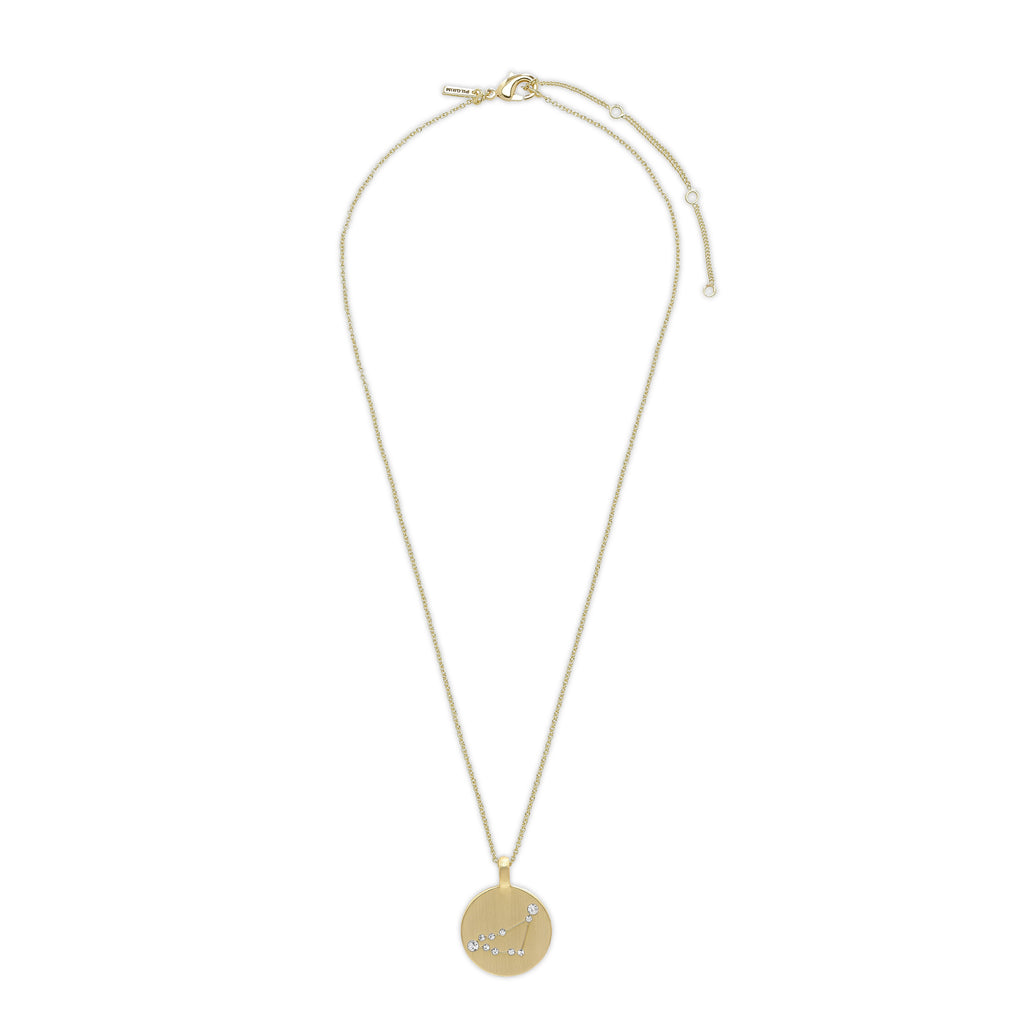 CAPRICORNUS Zodiac Sign Coin Necklace, gold-plated, featuring a round pendant with crystal stones depicting the Capricornus constellation. Perfect blend of timeless style and modern elegance.