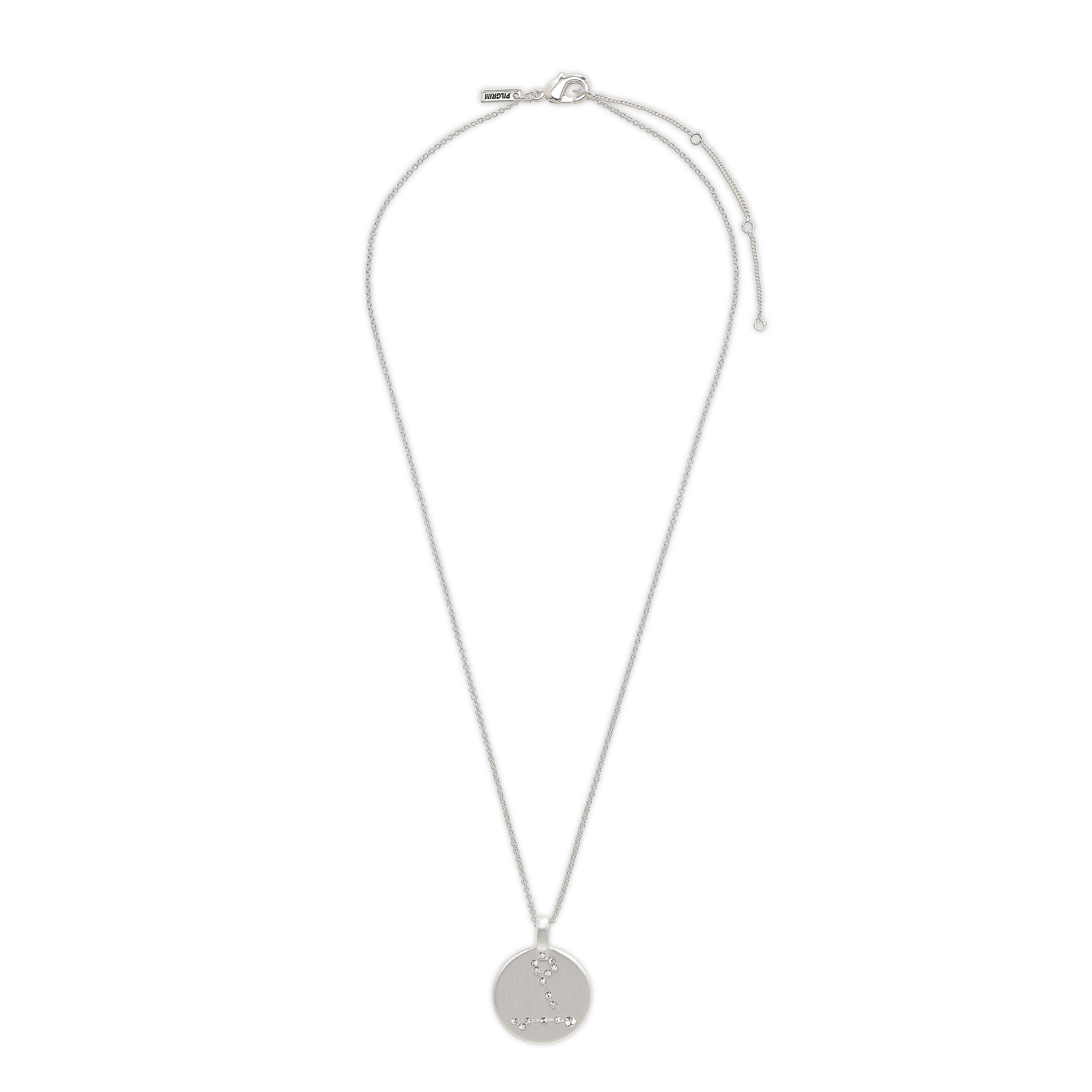 PISCES Zodiac Sign Coin Necklace, silver-plated, featuring a round pendant with crystal stones forming the Pisces constellation. Perfect blend of timeless elegance and trendiness.