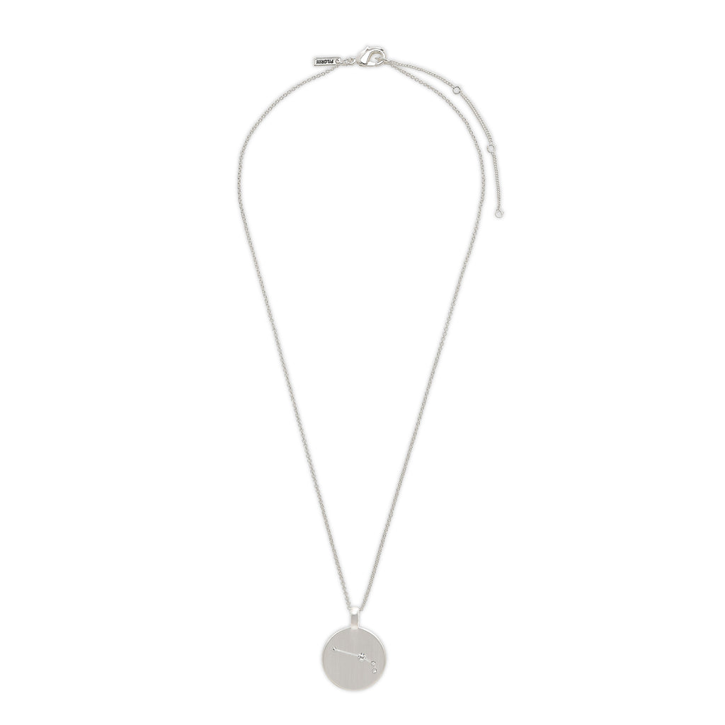 ARIES Zodiac Sign Coin Necklace, silver-plated, featuring a round pendant with Aries constellation adorned with crystal stones on a delicate silver chain.