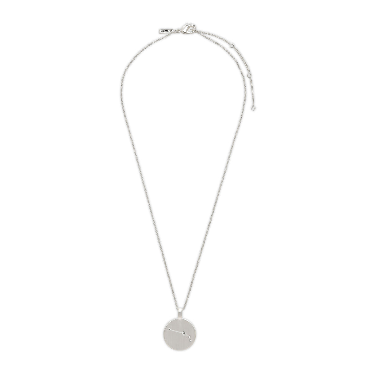 ARIES Zodiac Sign Coin Necklace, silver-plated, featuring a round pendant with Aries constellation adorned with crystal stones on a delicate silver chain.