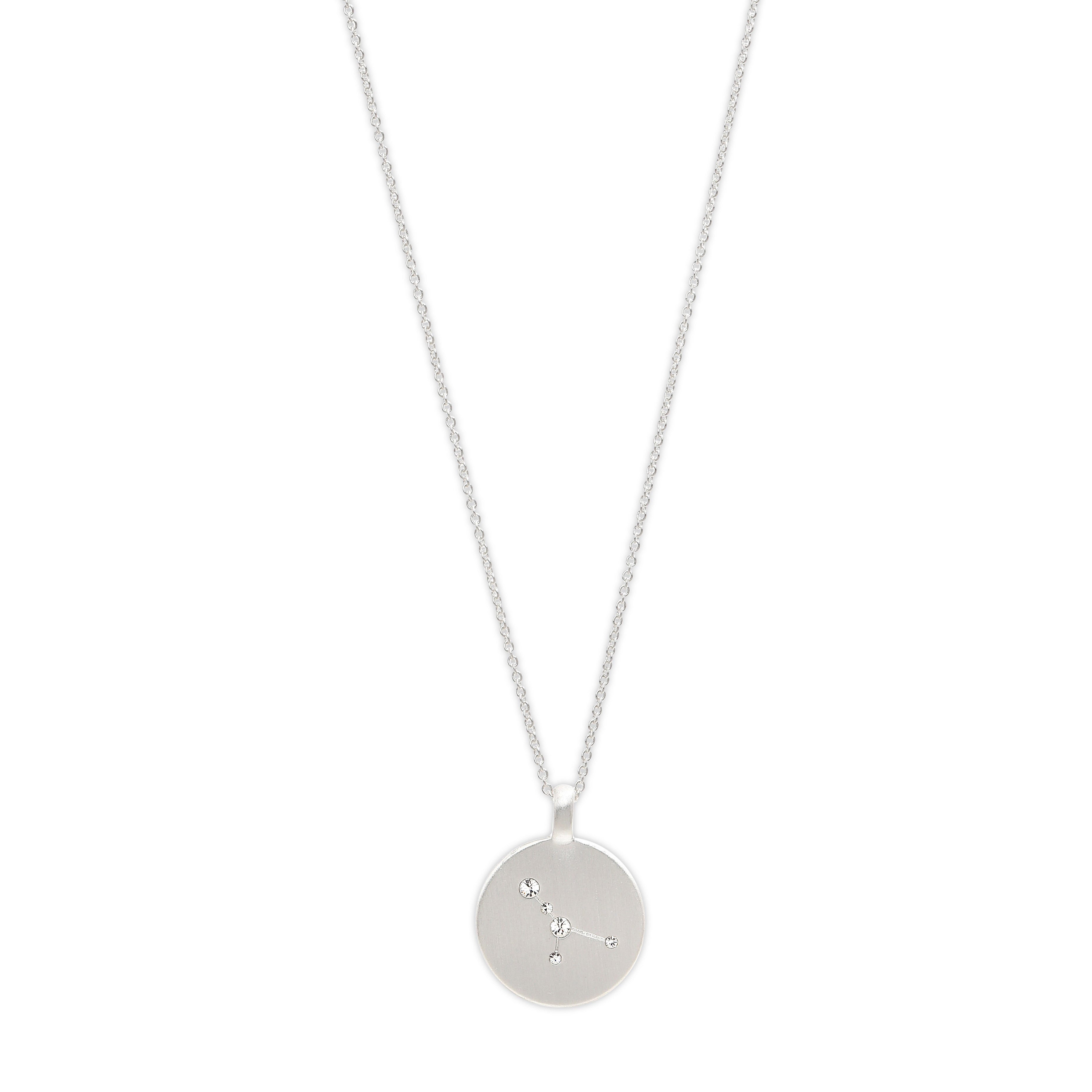 CANCER Zodiac Sign Coin Necklace, silver-plated, featuring a round pendant with crystal stones in a constellation design, perfect for personal style enthusiasts.