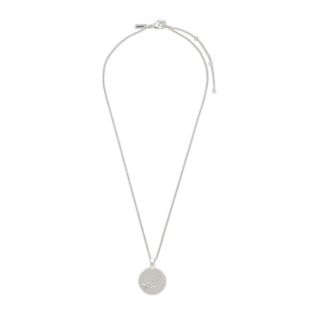 VIRGO Zodiac Sign Coin Necklace, silver-plated with round pendant featuring Virgo constellation in crystals, ideal for trendsetters seeking timeless Scandinavian style.