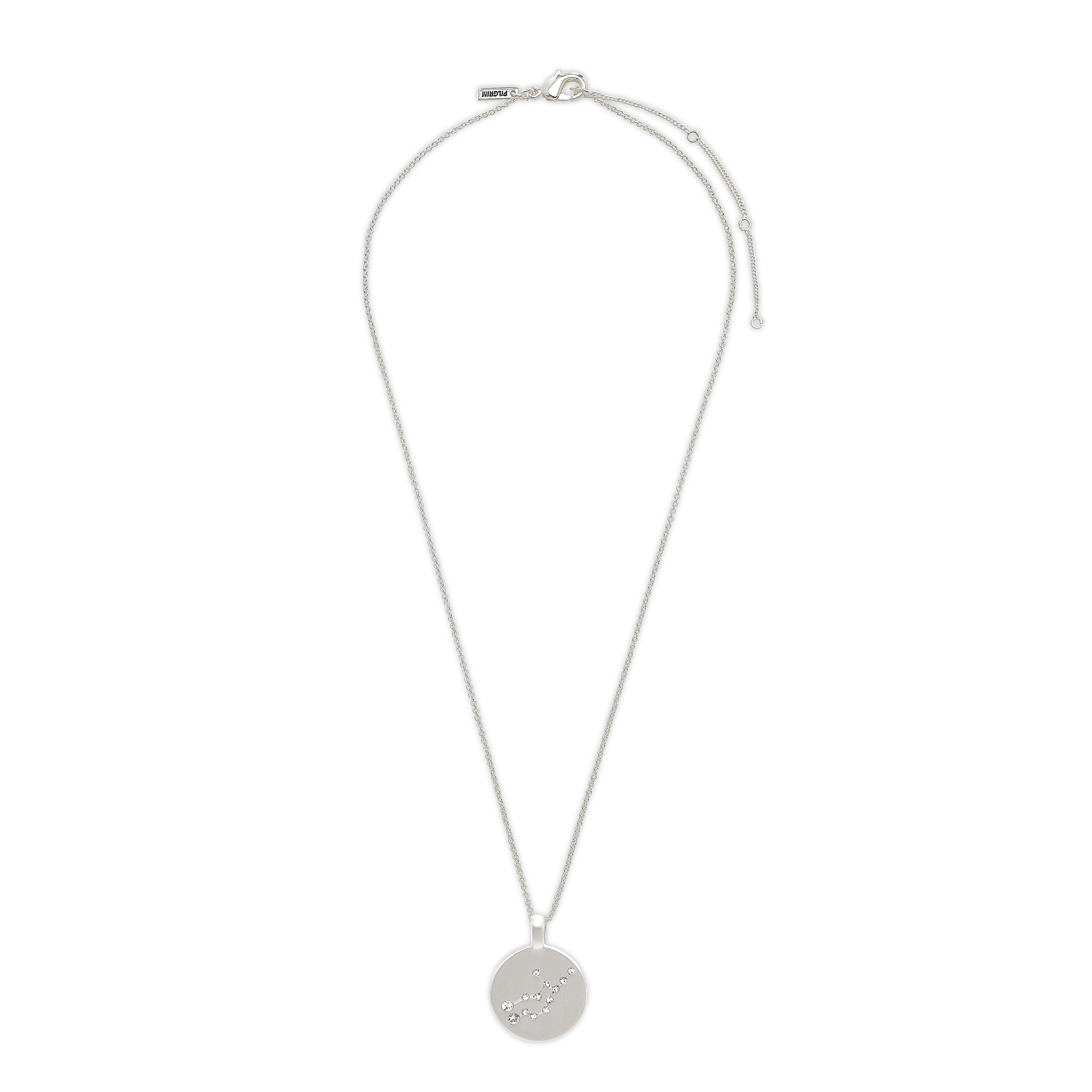 VIRGO Zodiac Sign Coin Necklace, silver-plated with round pendant featuring Virgo constellation in crystals, ideal for trendsetters seeking timeless Scandinavian style.