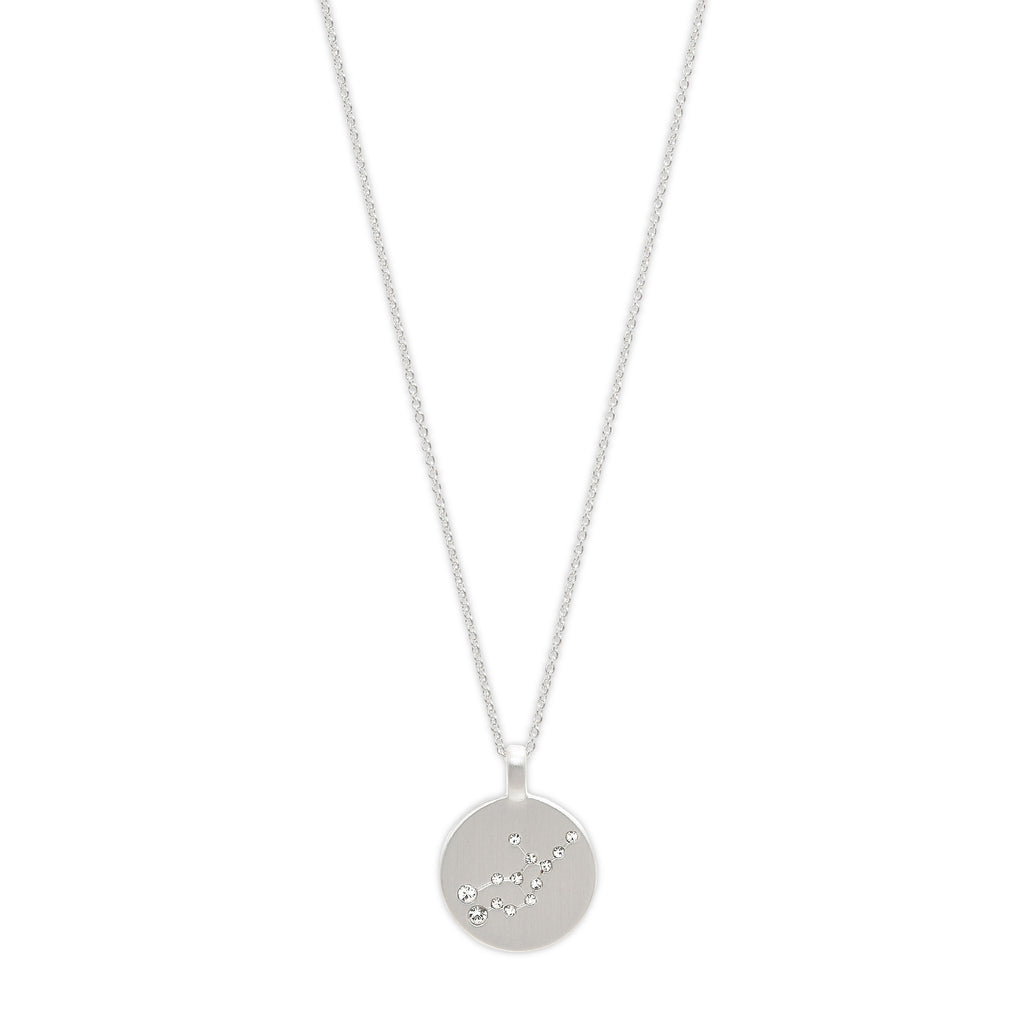 VIRGO Zodiac Sign Coin Necklace, silver-plated, featuring a round pendant with crystal stones depicting the Virgo constellation on a sleek silver chain.
