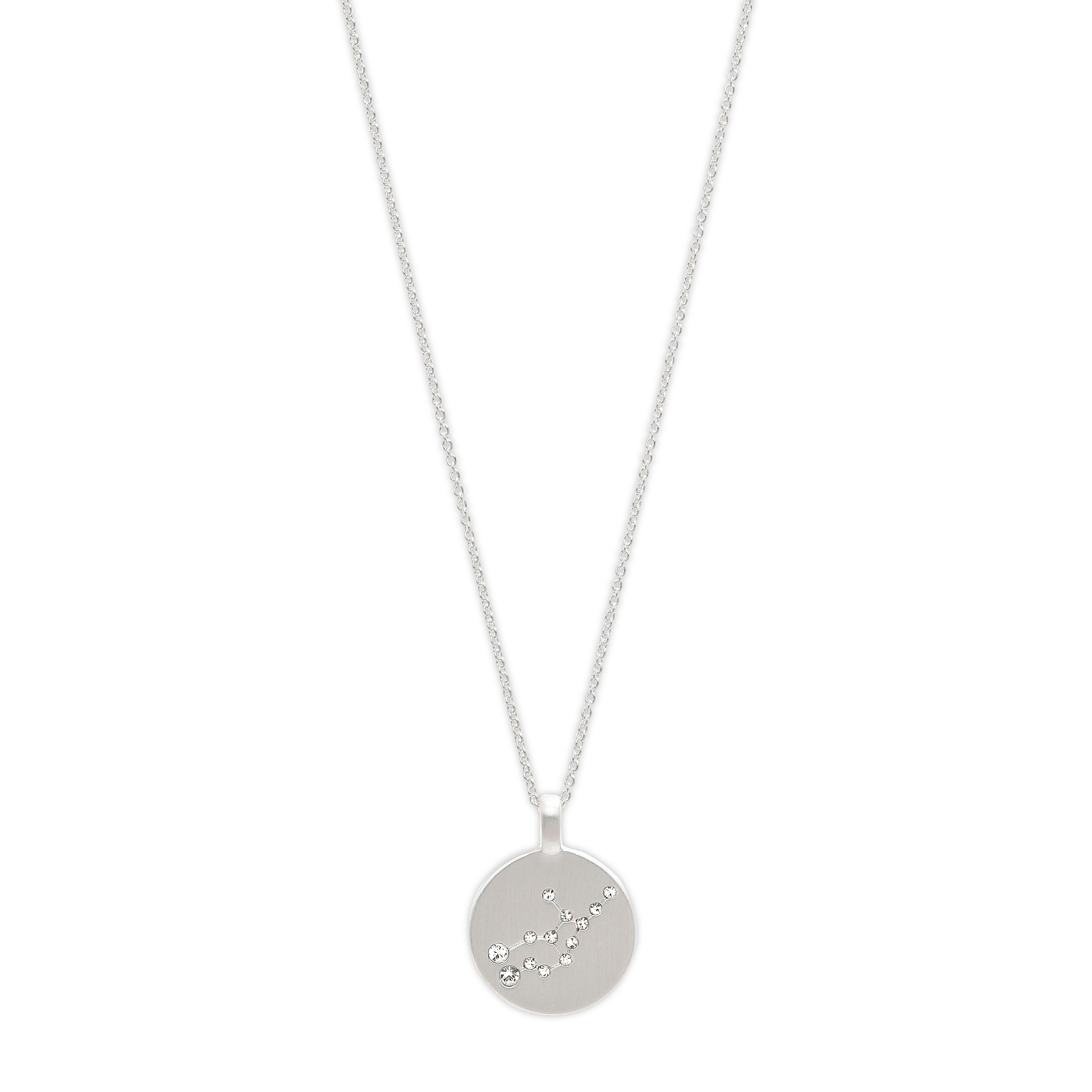 VIRGO Zodiac Sign Coin Necklace, silver-plated, featuring a round pendant with crystal stones depicting the Virgo constellation on a sleek silver chain.