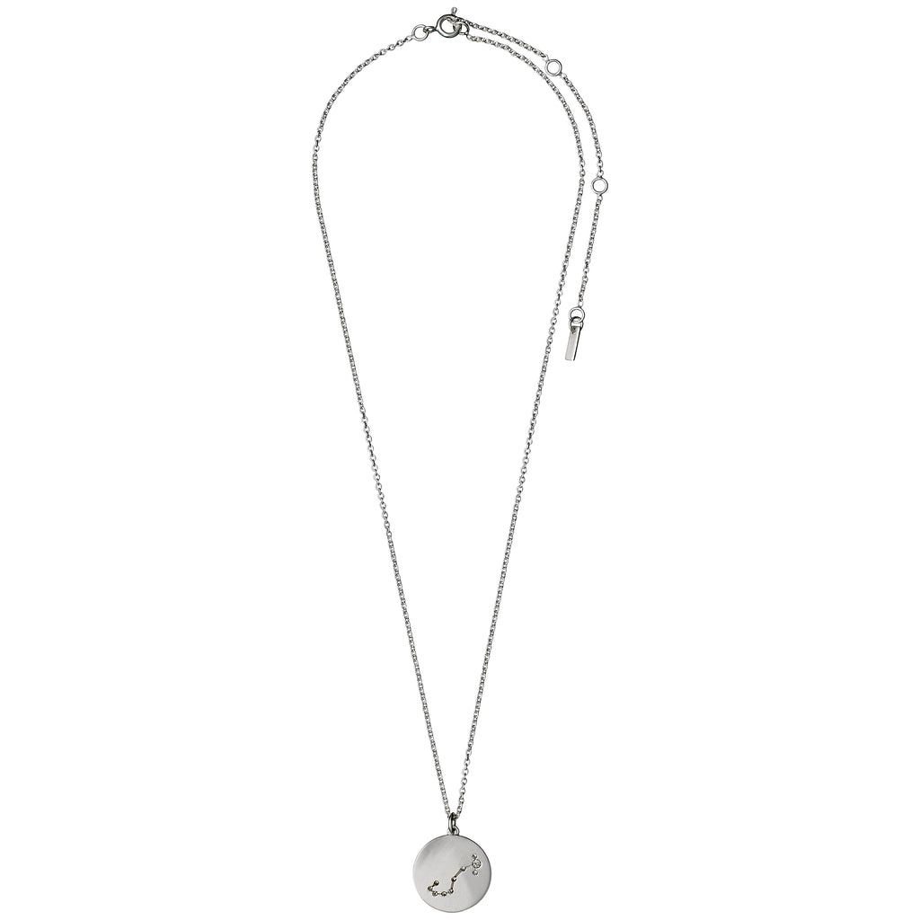 SCORPIO Zodiac Sign Coin Necklace, silver-plated, featuring a round pendant with crystal stones forming the Scorpio constellation, ideal for trendsetting jewelry enthusiasts.