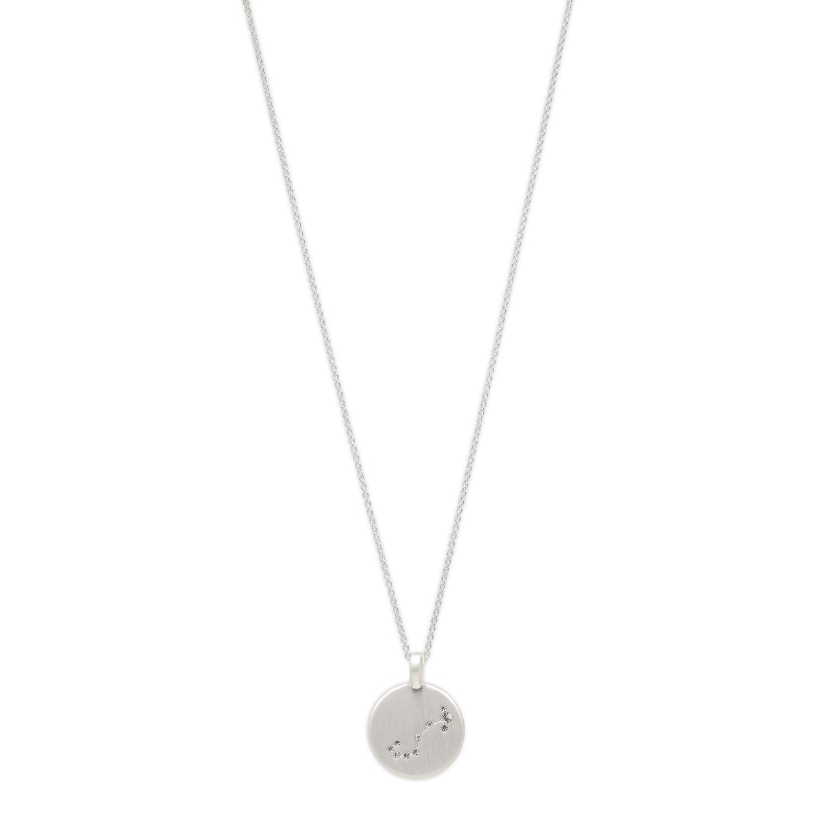 SCORPIO Zodiac Sign Coin Necklace, silver-plated, featuring a round pendant with crystal stones forming the Scorpio constellation. Perfect for astrology enthusiasts.