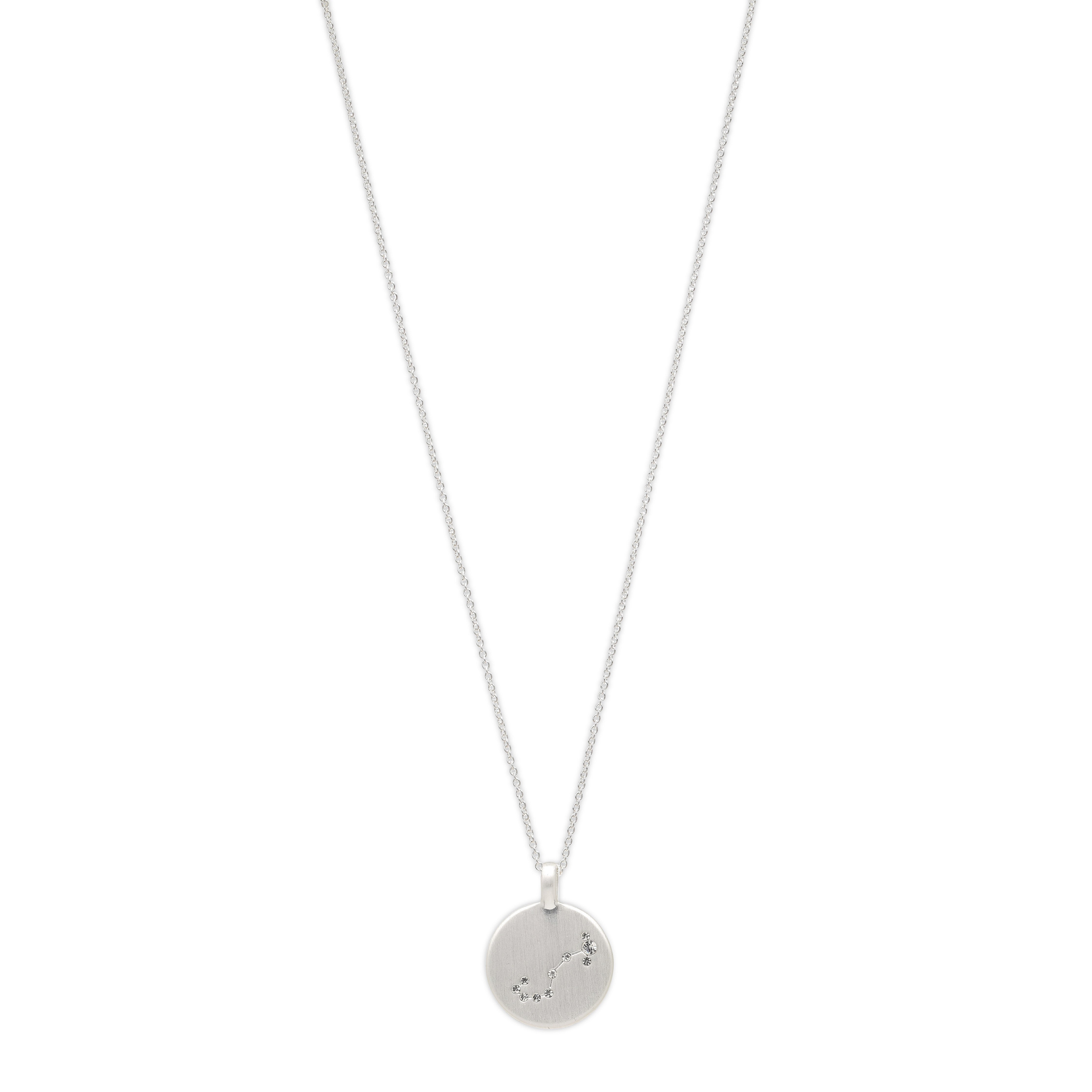SCORPIO Zodiac Sign Coin Necklace, silver-plated, featuring a round pendant with crystal stones forming the Scorpio constellation. Perfect for astrology enthusiasts.