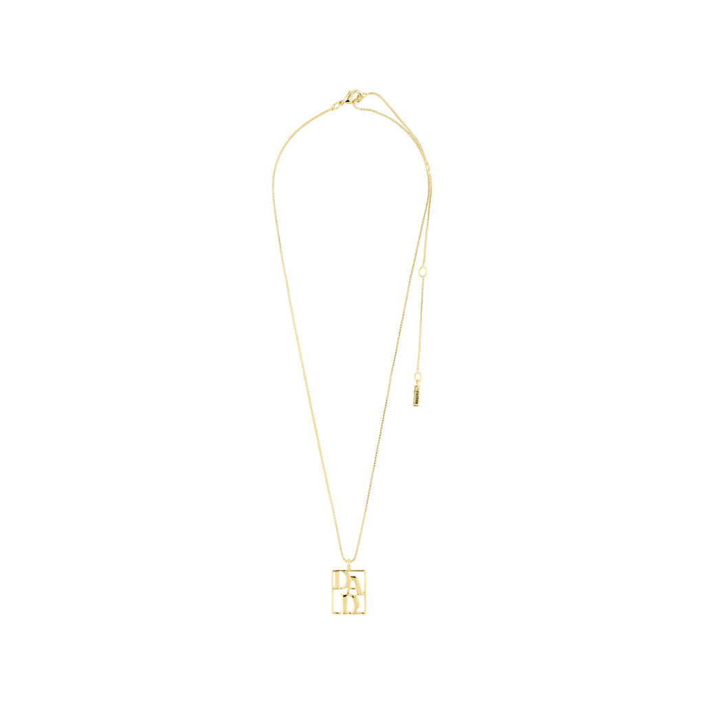 LOVE TAG, DAD gold-plated necklace featuring a square pendant with DAD inscription, adjustable chain, crafted from 99% recycled materials by Pilgrim.
