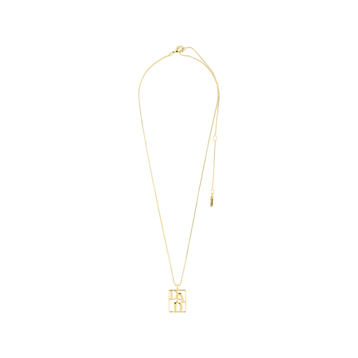 LOVE TAG, DAD gold-plated necklace featuring a square pendant with DAD inscription, adjustable chain, crafted from 99% recycled materials by Pilgrim.
