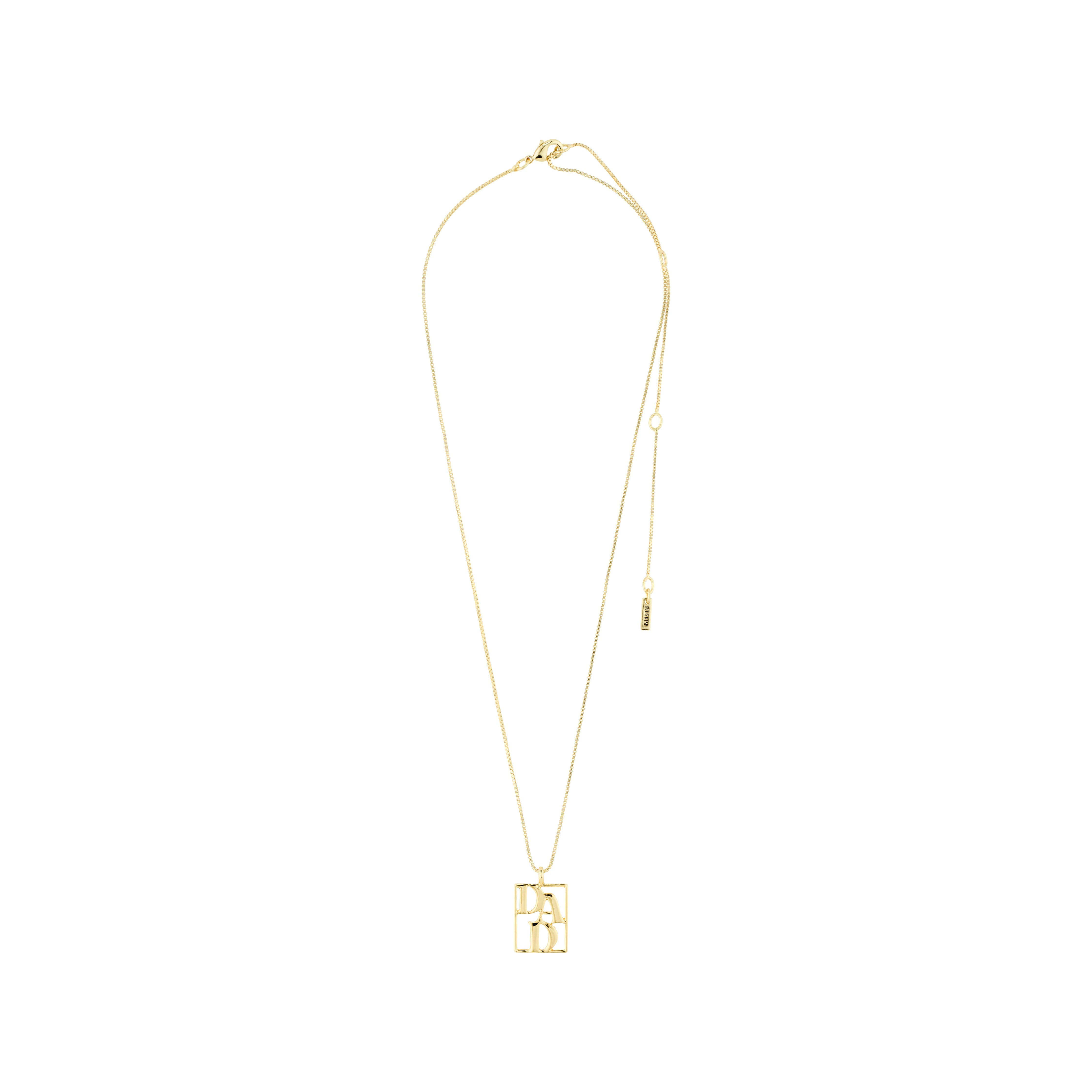 LOVE TAG, DAD gold-plated necklace featuring a square pendant with DAD inscription, adjustable chain, crafted from 99% recycled materials by Pilgrim.
