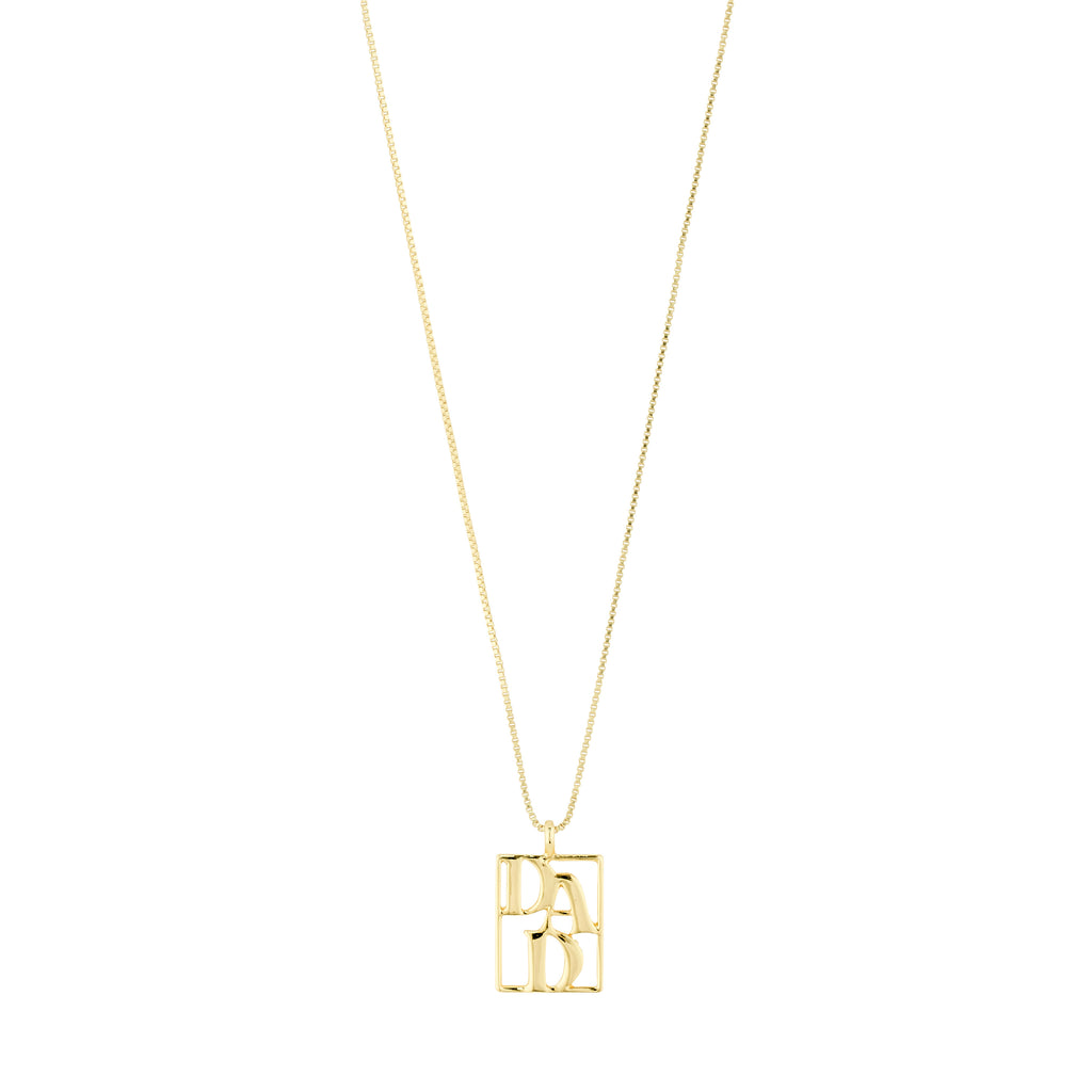 LOVE TAG, DAD necklace gold-plated with square pendant inscribed with 'DAD', from Pilgrim, featuring an adjustable 40 cm chain, crafted from 99% recycled materials.