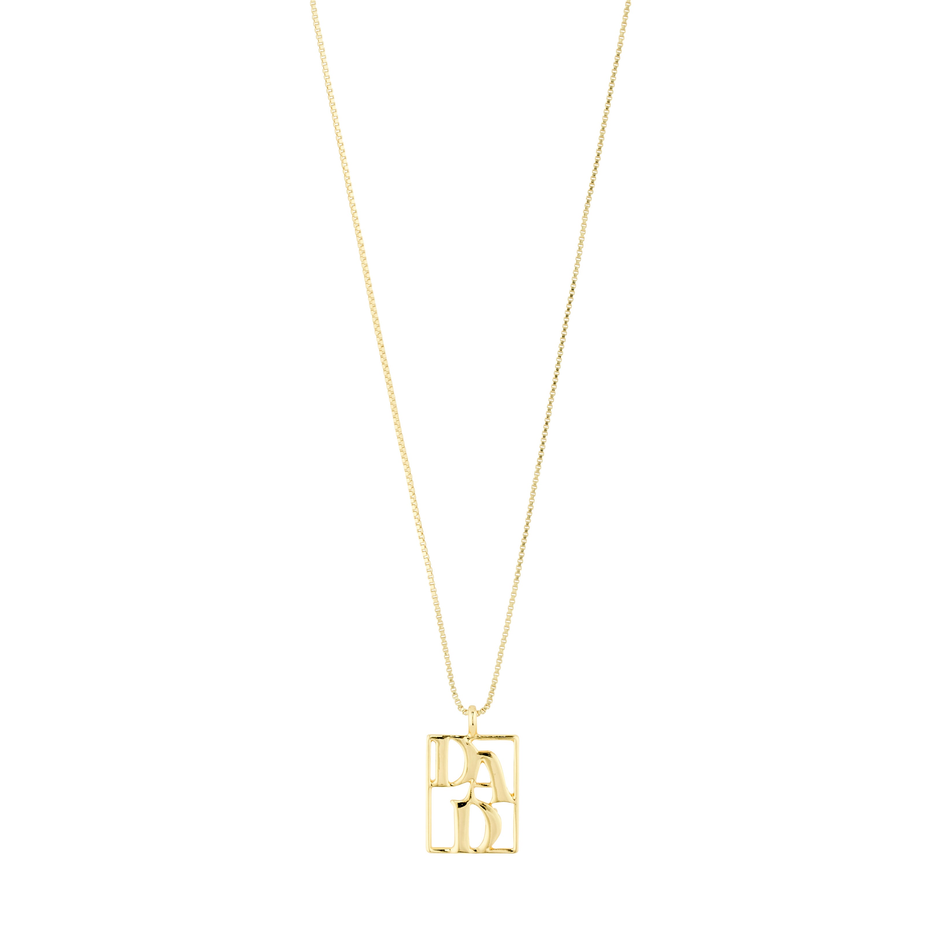 LOVE TAG, DAD necklace gold-plated with square pendant inscribed with 'DAD', from Pilgrim, featuring an adjustable 40 cm chain, crafted from 99% recycled materials.