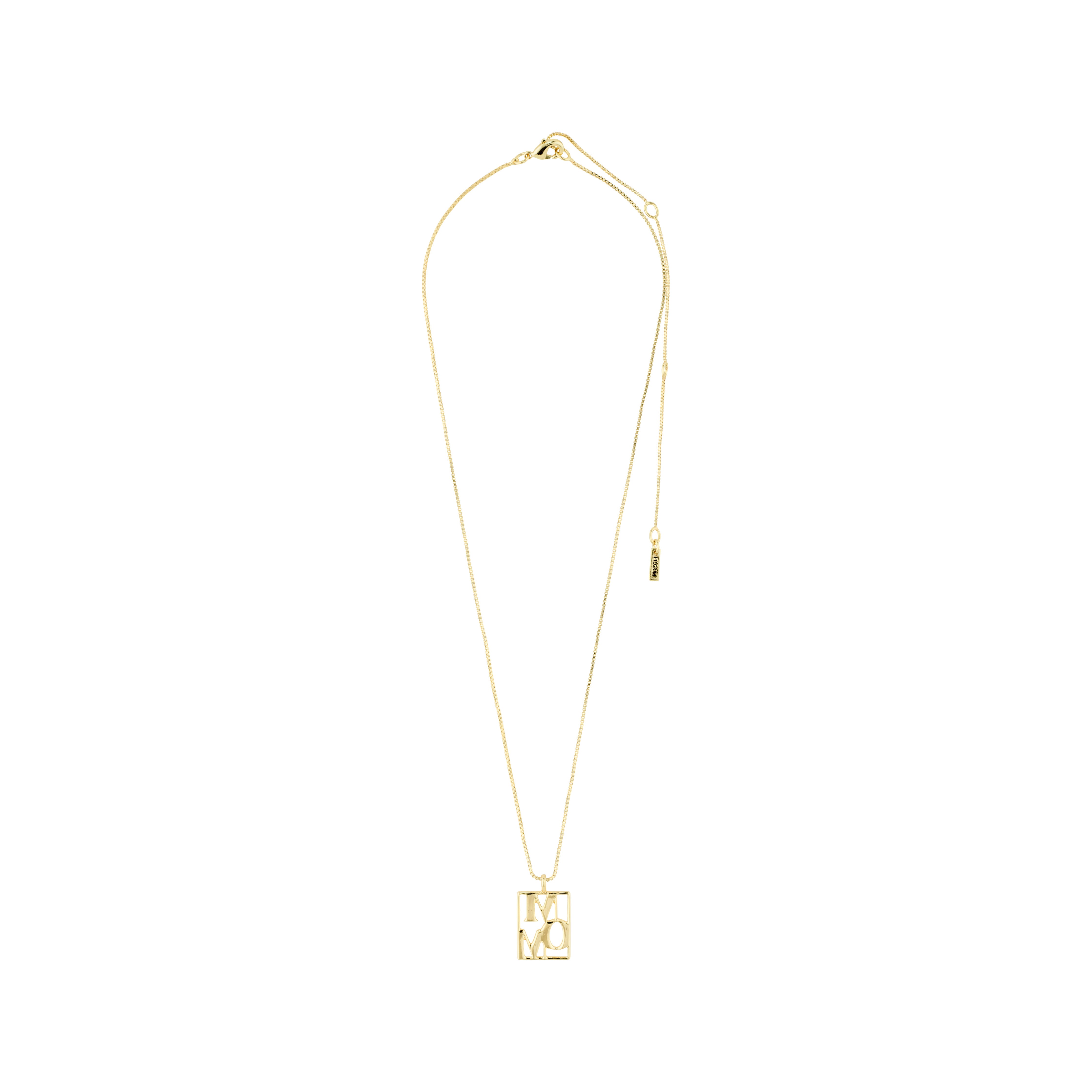 LOVE TAG, MOM necklace gold-plated: A gold necklace with a square pendant inscribed with MOM, featuring an adjustable chain for personalized length, perfect for layered styling.