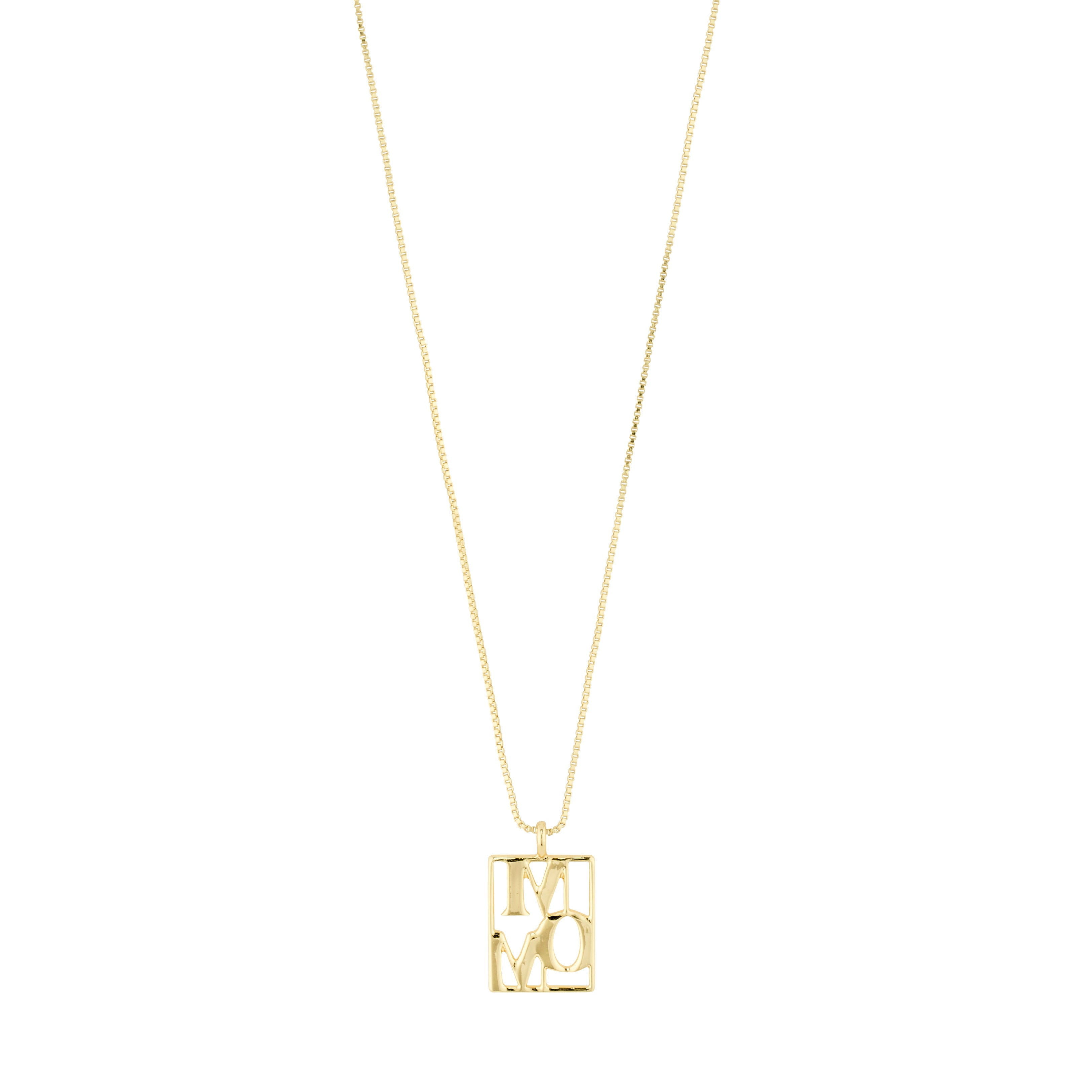Gold-plated LOVE TAG, MOM necklace with a square pendant on a delicate chain, adjustable length, crafted from 99% recycled materials by Pilgrim.