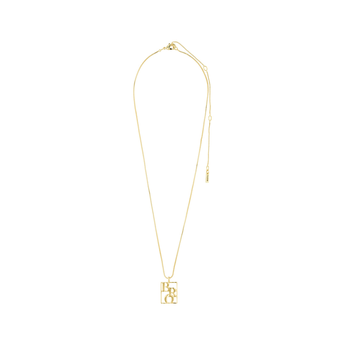 Gold-plated LOVE TAG, BRO necklace with a square pendant on a chain, featuring BRO text. Perfect for layering, adjustable length, made from recycled materials.