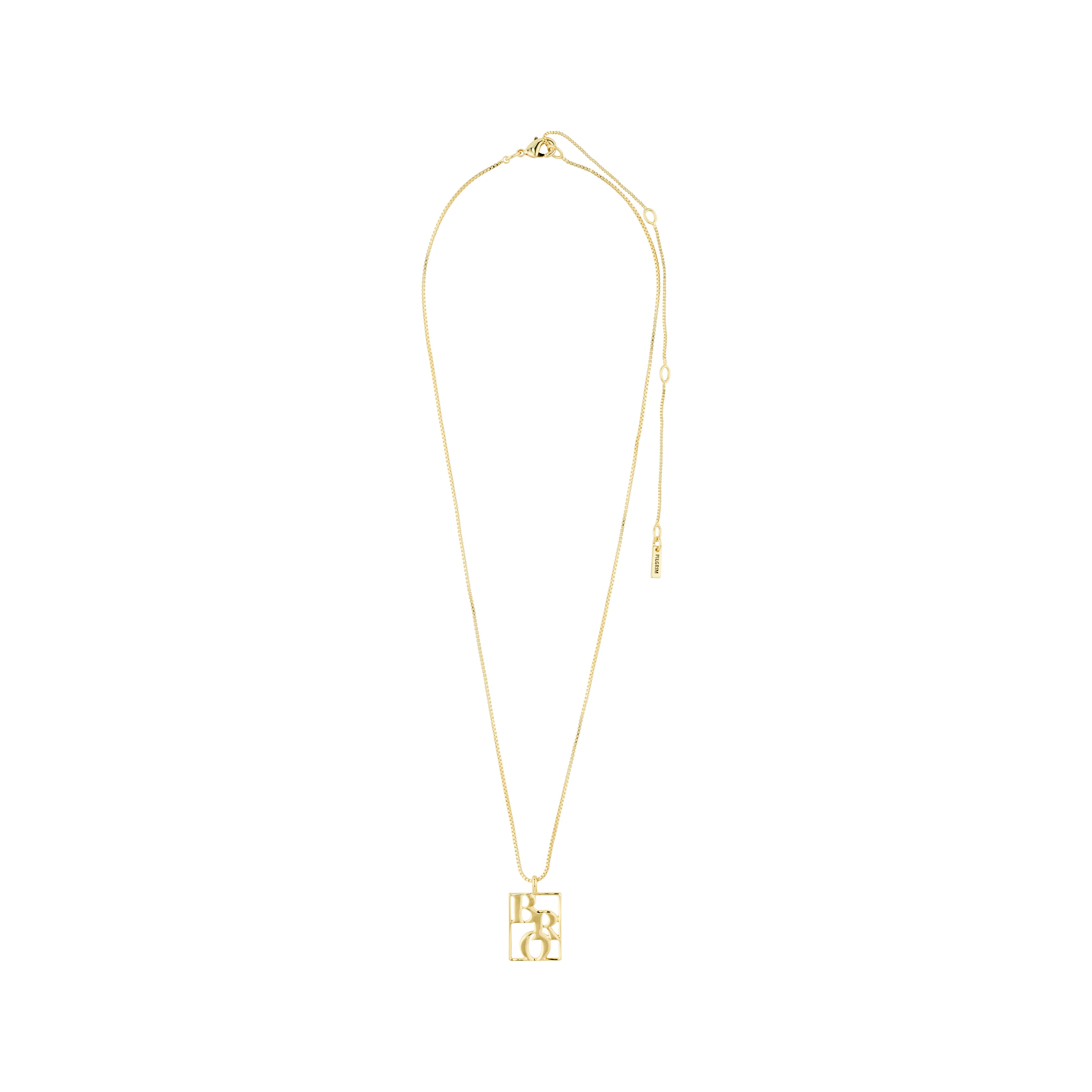 Gold-plated LOVE TAG, BRO necklace with a square pendant on a chain, featuring BRO text. Perfect for layering, adjustable length, made from recycled materials.