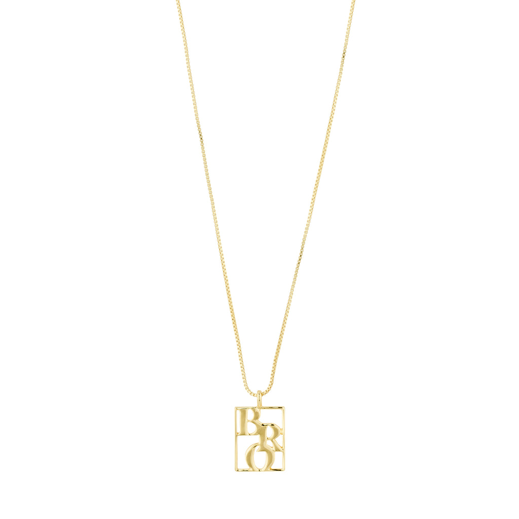 Gold-plated LOVE TAG, BRO necklace featuring a square pendant with BRO inscription, adjustable chain, reflecting personal style and sustainable craftsmanship from Pilgrim.