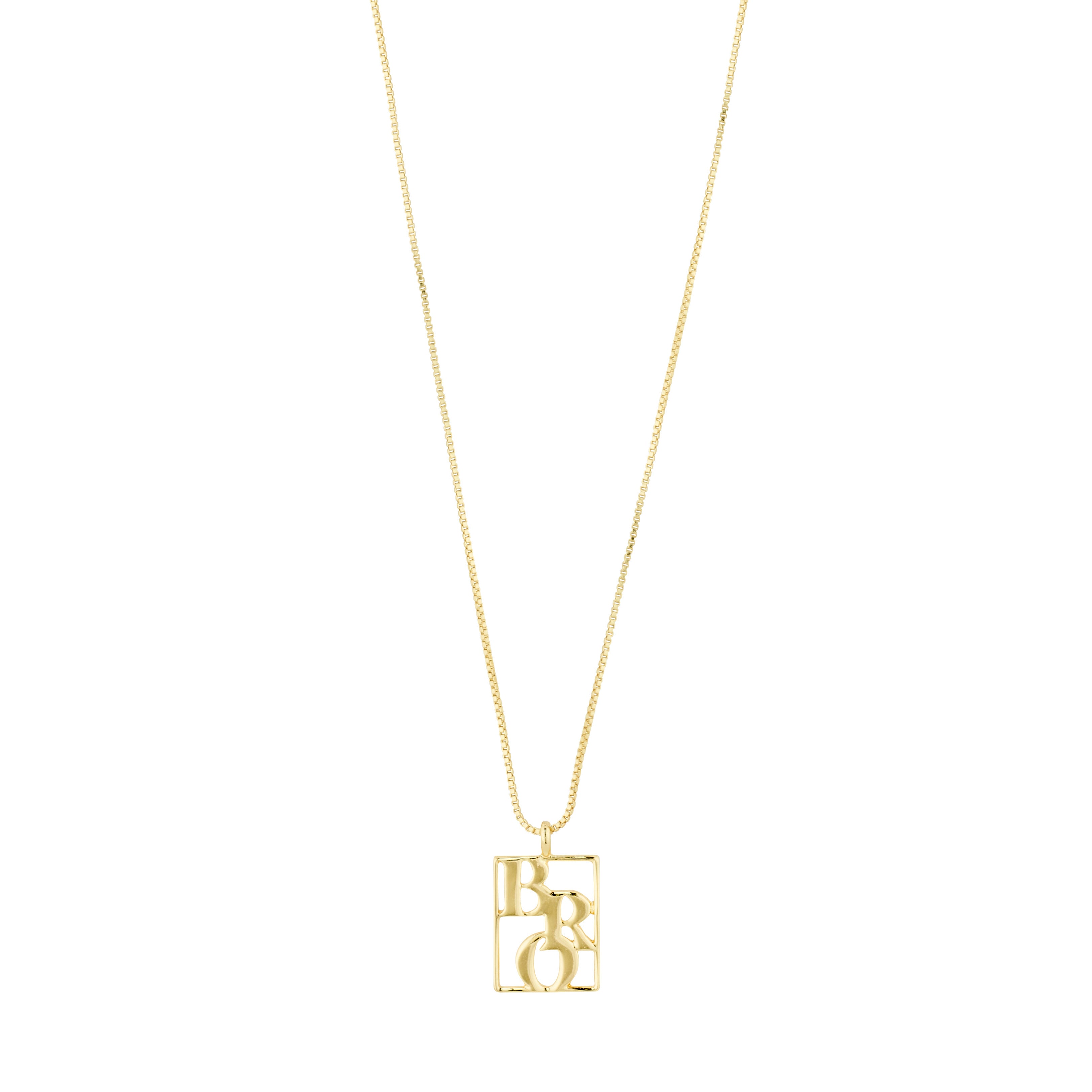 Gold-plated LOVE TAG, BRO necklace featuring a square pendant with BRO inscription, adjustable chain, reflecting personal style and sustainable craftsmanship from Pilgrim.
