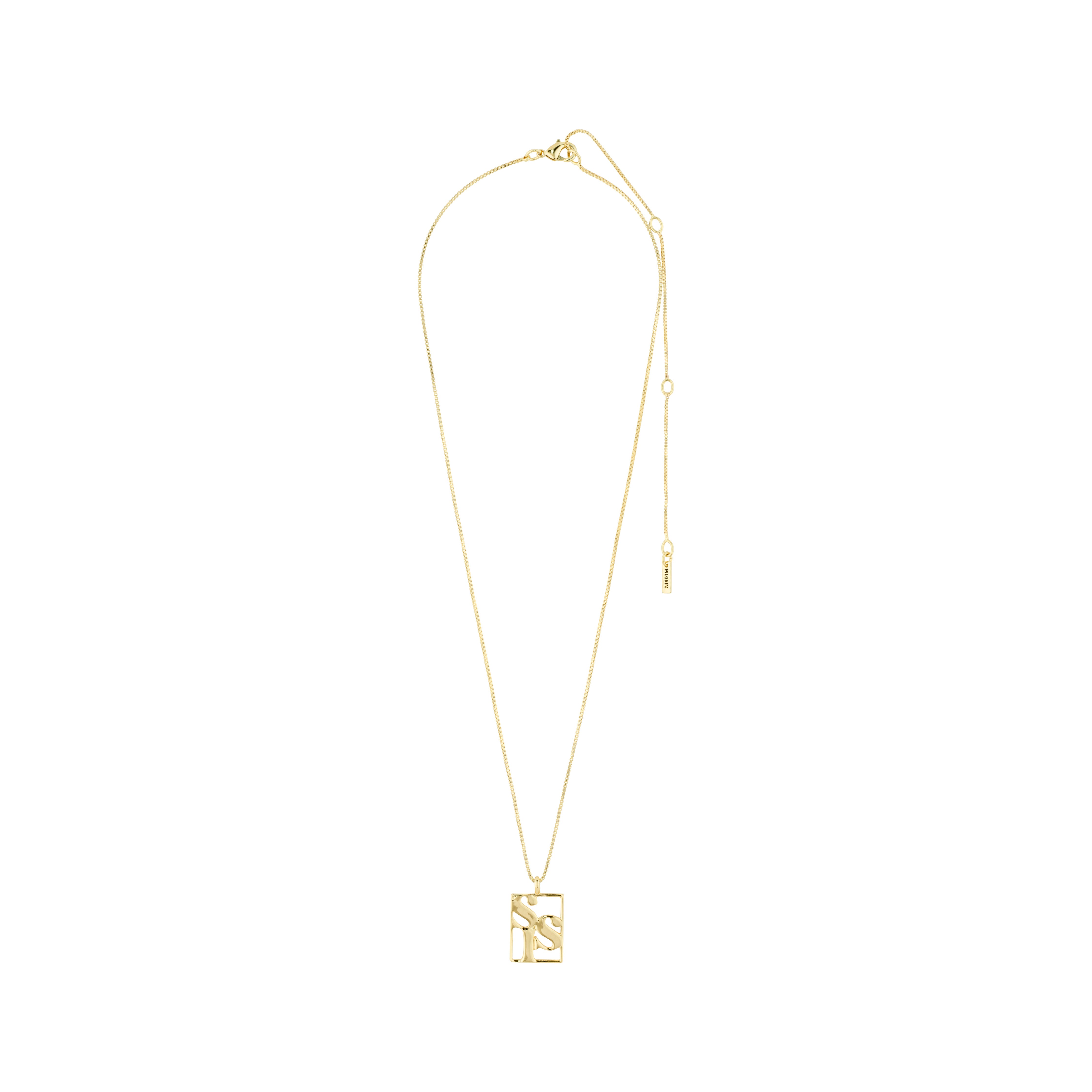 Gold-plated LOVE TAG necklace with a square SIS pendant, adjustable length, perfect for layering. Made from 99% recycled materials, showcasing Pilgrim's sustainable Danish craftsmanship.