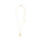 Gold-plated LOVE TAG necklace with a square SIS pendant, adjustable length, perfect for layering. Made from 99% recycled materials, showcasing Pilgrim's sustainable Danish craftsmanship.