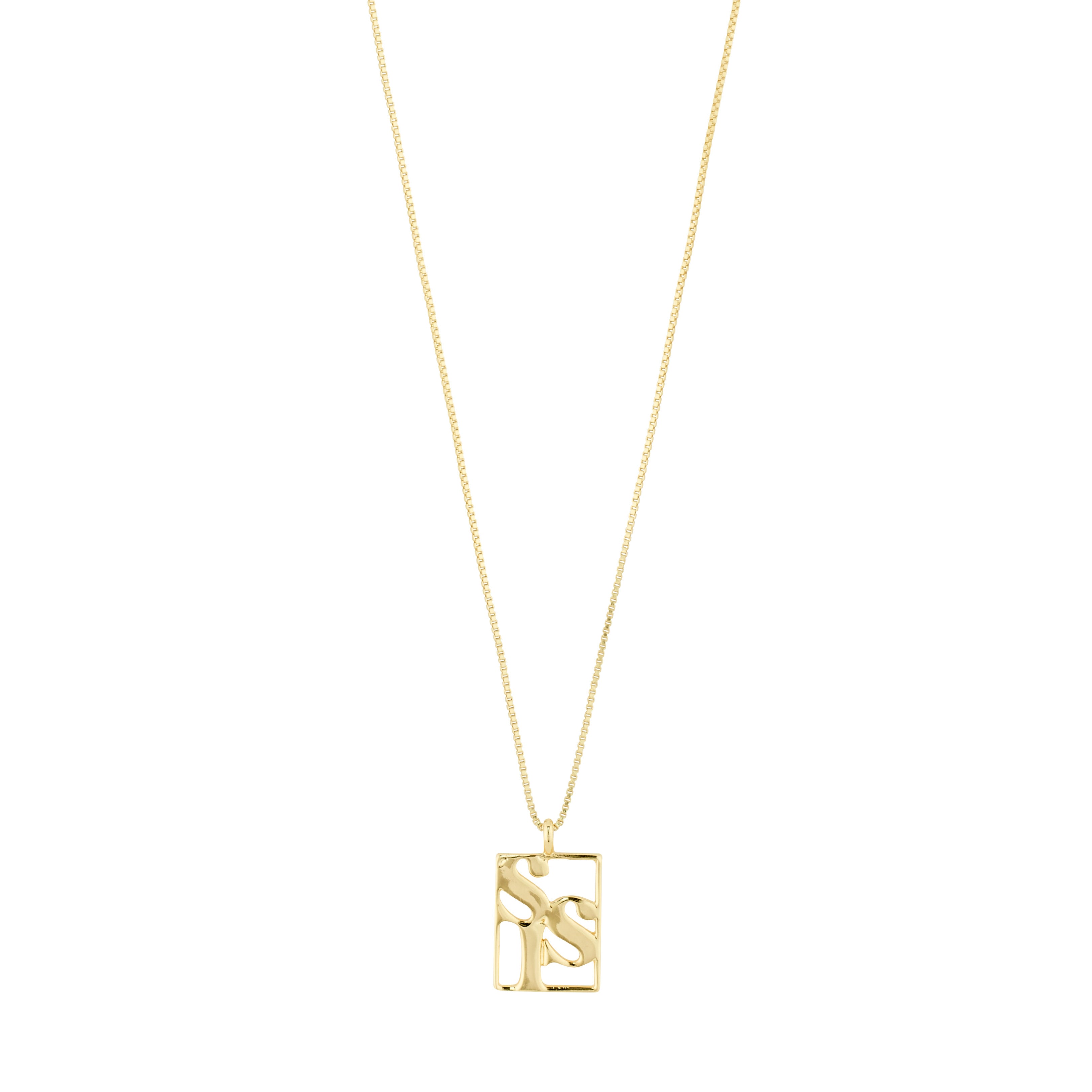 LOVE TAG, SIS necklace gold-plated, featuring a square pendant inscribed with SIS on a 40 cm adjustable chain, perfect for layering.