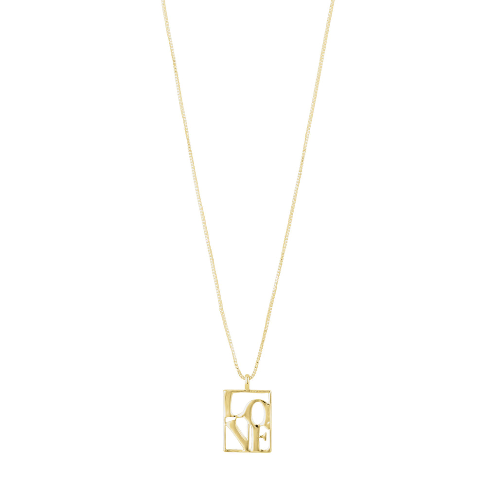Gold-plated LOVE TAG necklace by Pilgrim, featuring a square pendant engraved with LOVE on an adjustable chain, perfect for a layered fashion look.