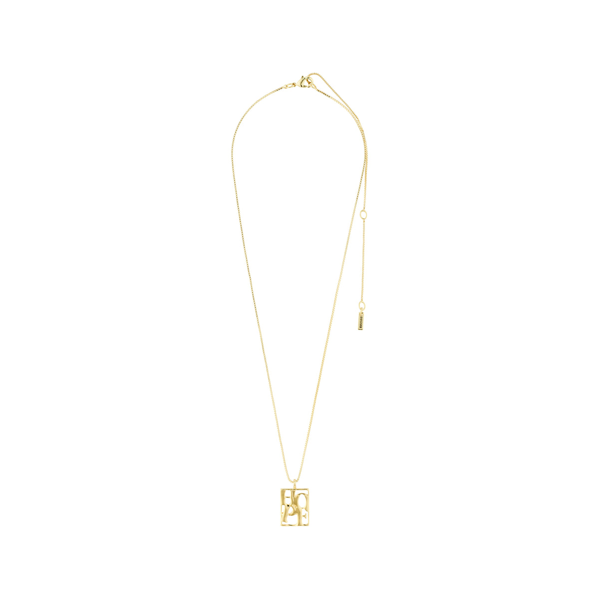 LOVE TAG, HOPE necklace gold-plated from Pilgrim, featuring a square pendant inscribed with HOPE, on a 40 cm chain with 12 cm extension.