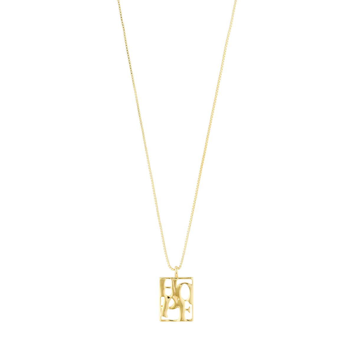 LOVE TAG HOPE necklace, gold-plated, featuring a square pendant inscribed with 'HOPE' on a shiny chain, adjustable length, crafted from 99% recycled materials.