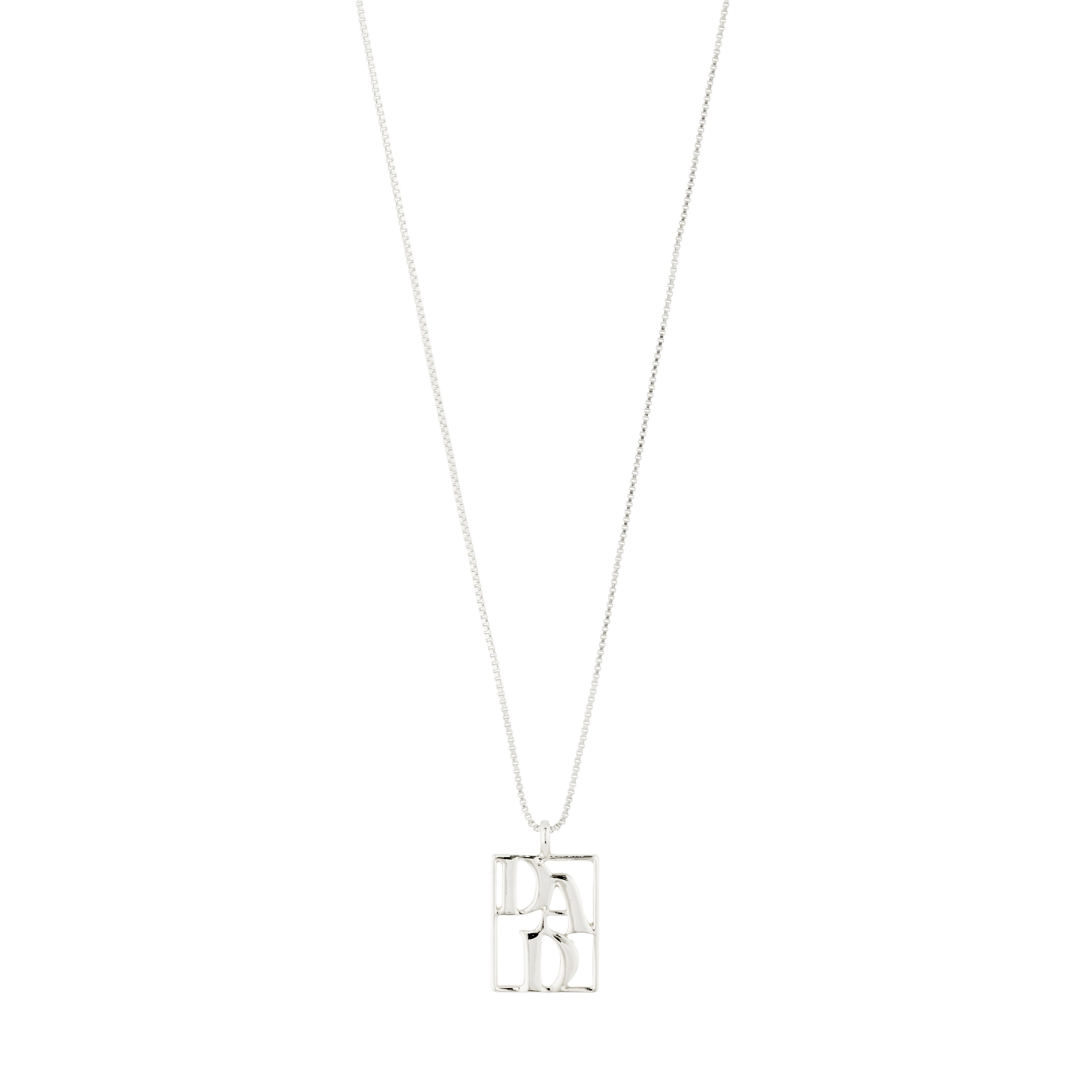 LOVE TAG, DAD necklace: A silver-plated, square pendant necklace featuring DAD. Adjustable chain, crafted from 99% recycled materials, reflecting love and sustainability.