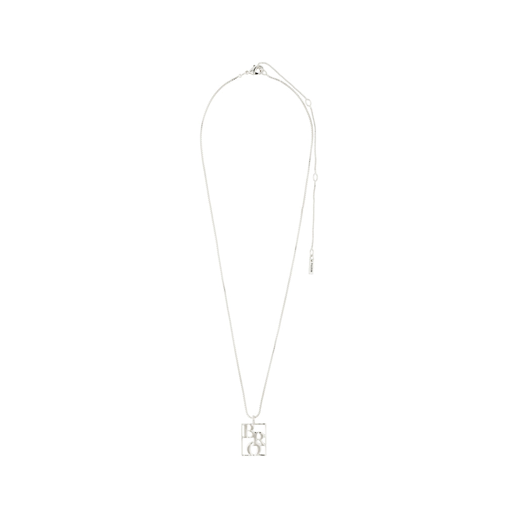 Silver-plated LOVE TAG, BRO necklace featuring a square pendant with BRO inscription, adjustable chain, crafted from recycled material for a stylish, responsible accessory.