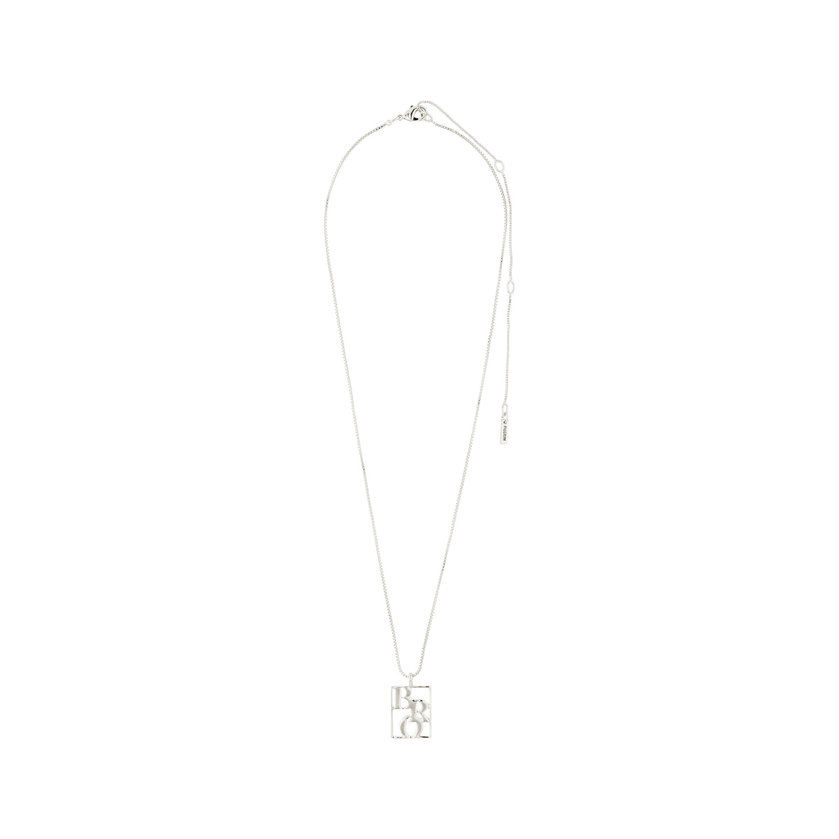 Silver-plated LOVE TAG, BRO necklace featuring a square pendant with BRO inscription, adjustable chain, crafted from recycled material for a stylish, responsible accessory.