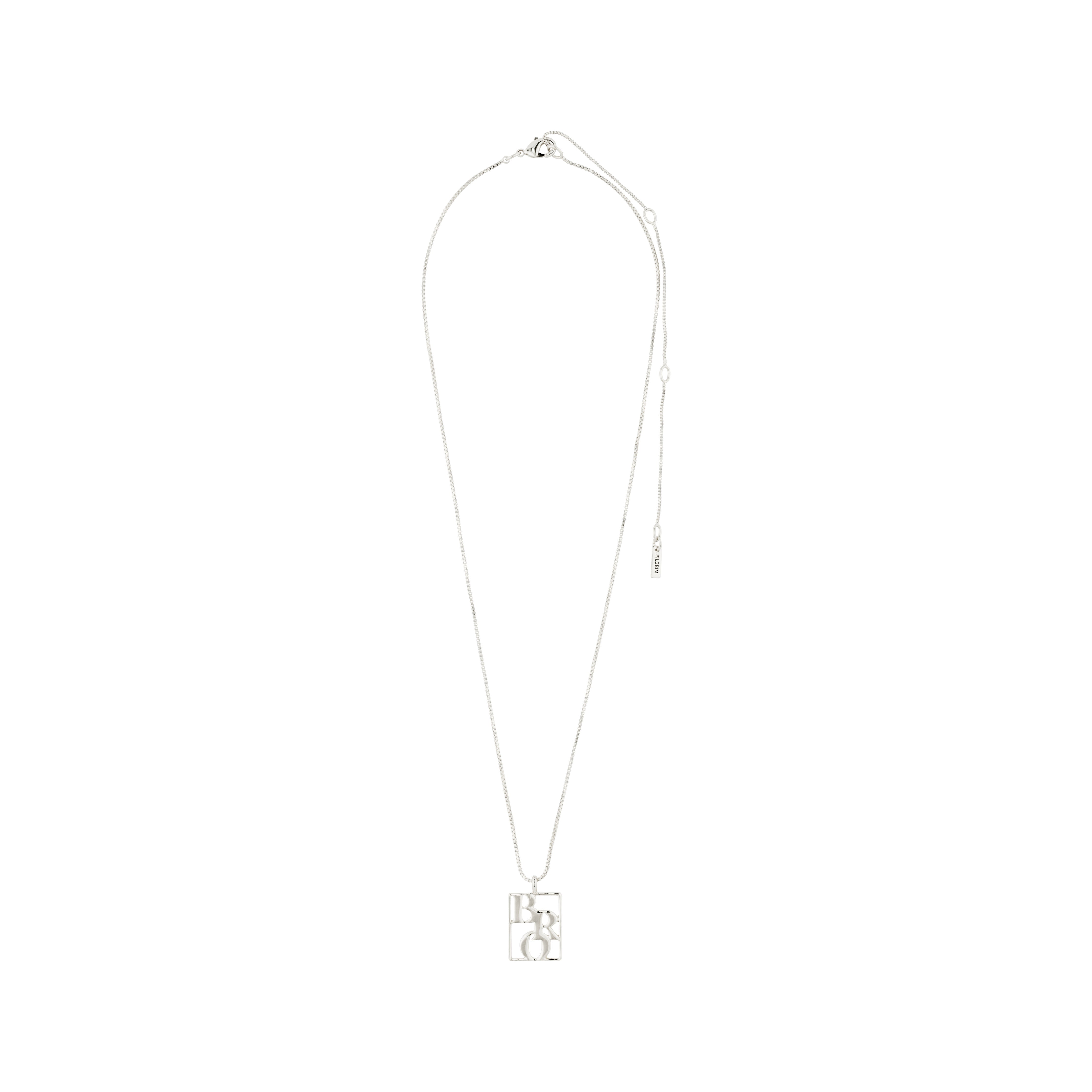 Silver-plated LOVE TAG, BRO necklace featuring a square pendant with BRO inscription, adjustable chain, crafted from recycled material for a stylish, responsible accessory.