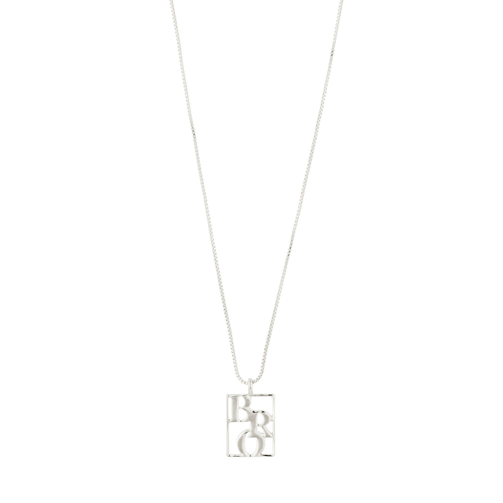 LOVE TAG, BRO necklace silver-plated with square pendant inscribed 'BRO', featuring adjustable chain for layered styling. Crafted from 99% recycled material for a sustainable choice.