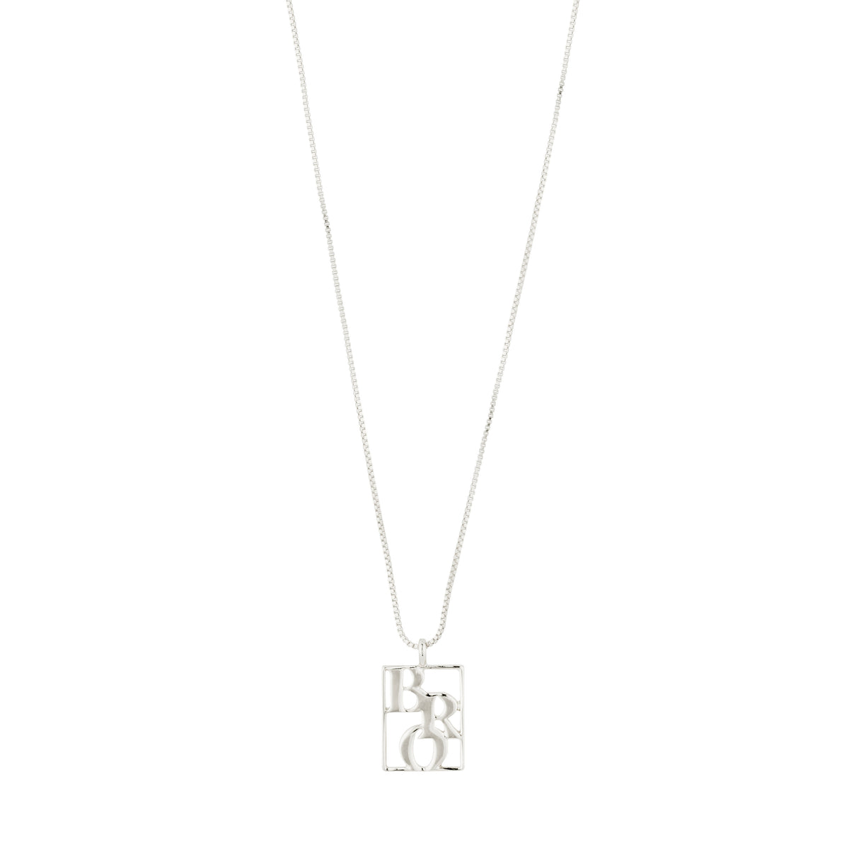 LOVE TAG, BRO necklace silver-plated with square pendant inscribed 'BRO', featuring adjustable chain for layered styling. Crafted from 99% recycled material for a sustainable choice.